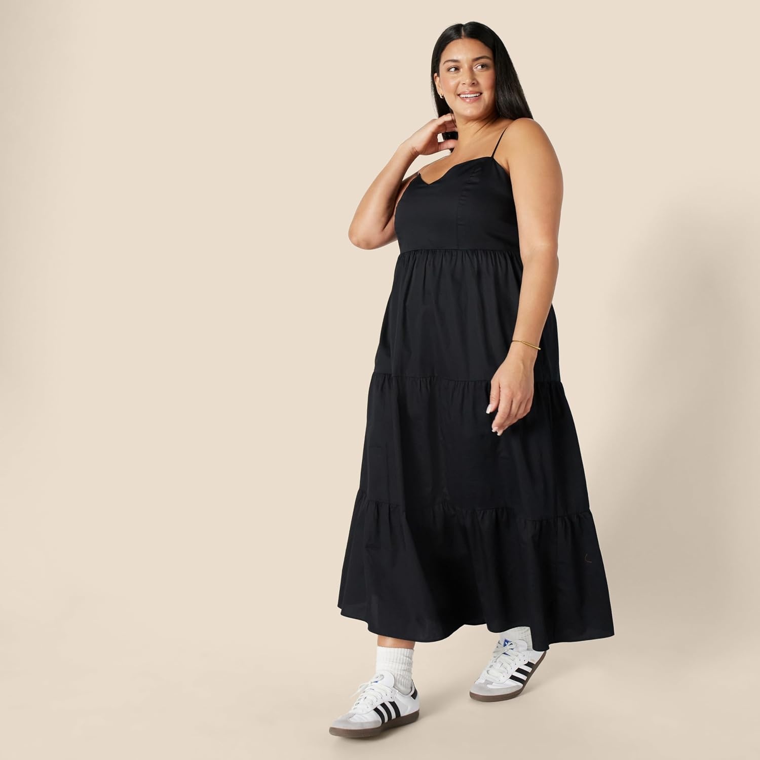 image:imageAmazon Essentials Womens Fit and Flare Empire Waist Sweetheart Neck Cotton Sateen Tiered Maxi DressBlack