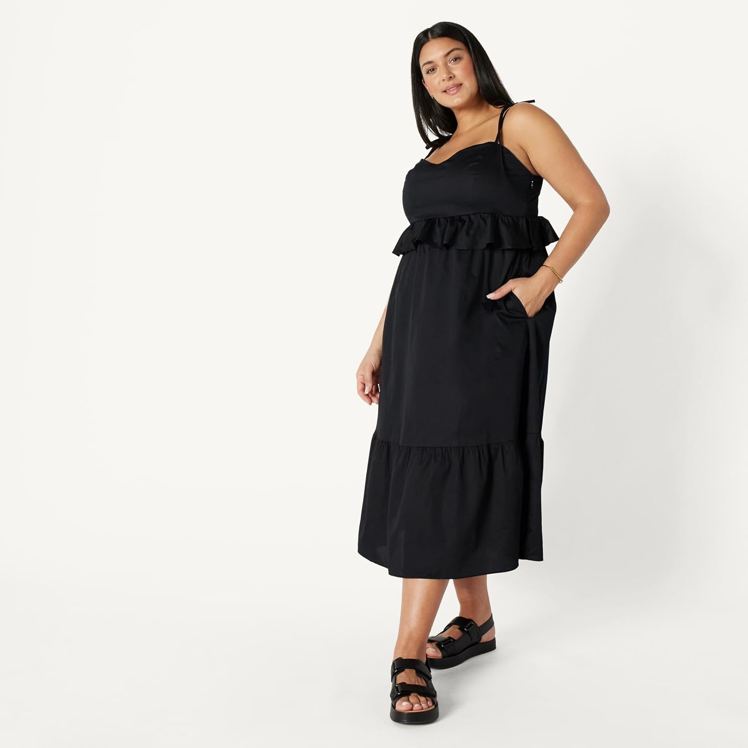 image:imageAmazon Essentials Womens Fit and Flare Empire Waist Sweetheart Neck Cotton Sateen Tiered Maxi DressBlack