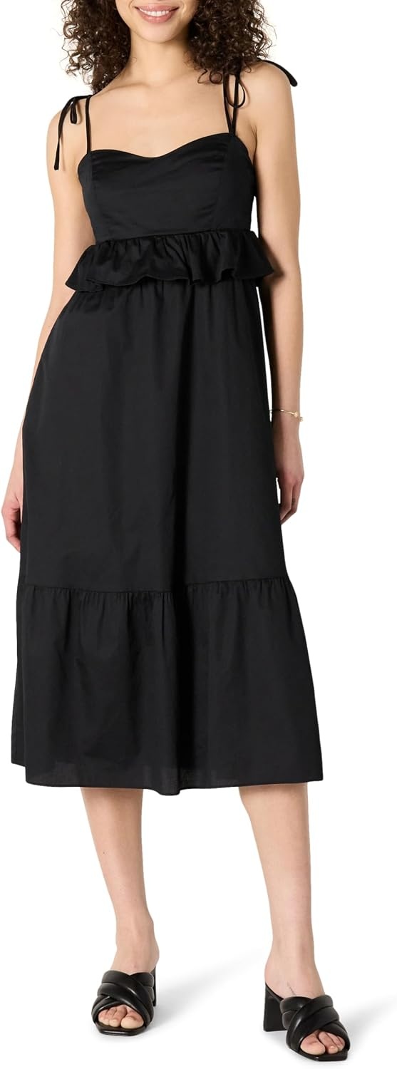 image:imageAmazon Essentials Womens Fit and Flare Empire Waist Sweetheart Neck Cotton Sateen Tiered Maxi DressBlack