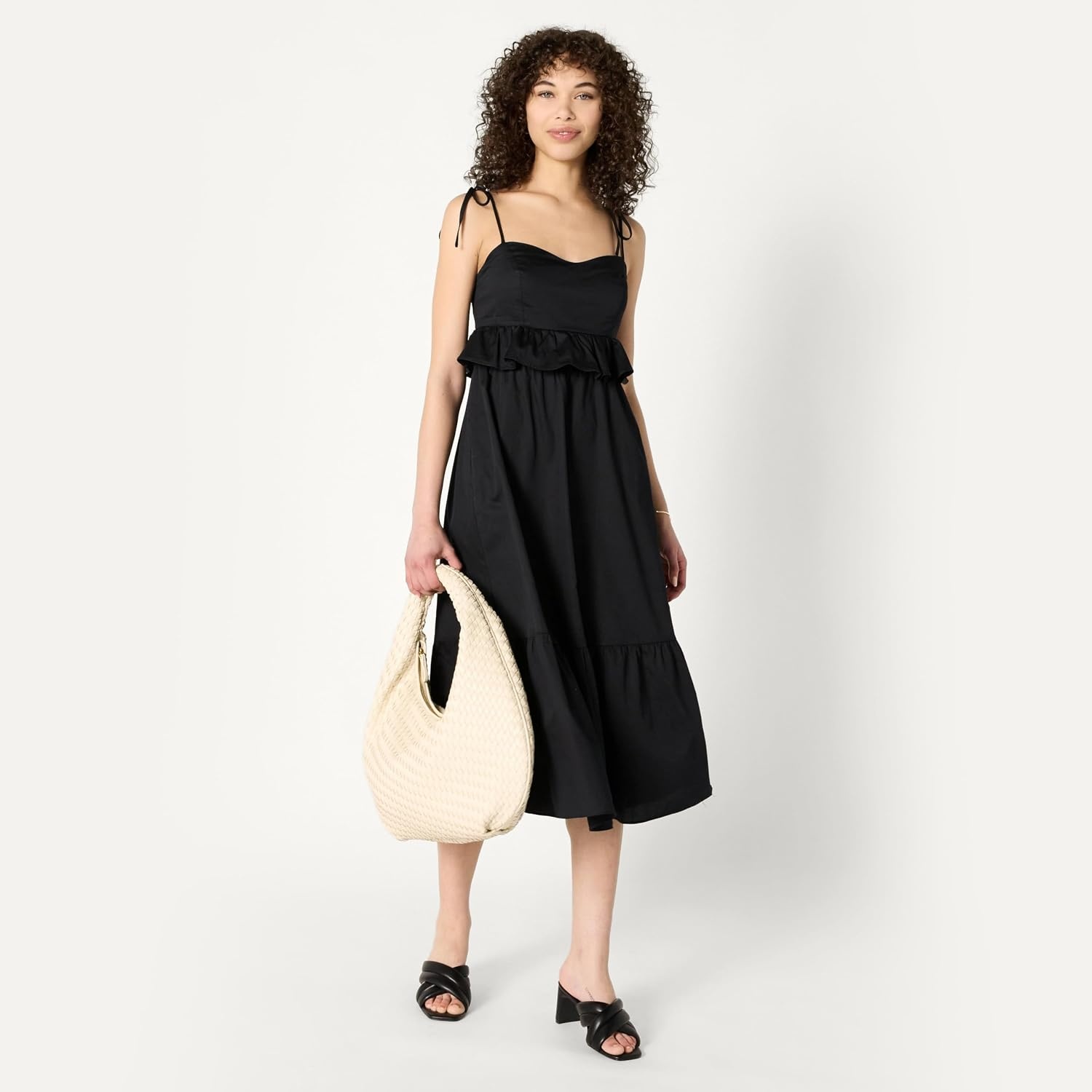 image:imageAmazon Essentials Womens Fit and Flare Empire Waist Sweetheart Neck Cotton Sateen Tiered Maxi DressBlack