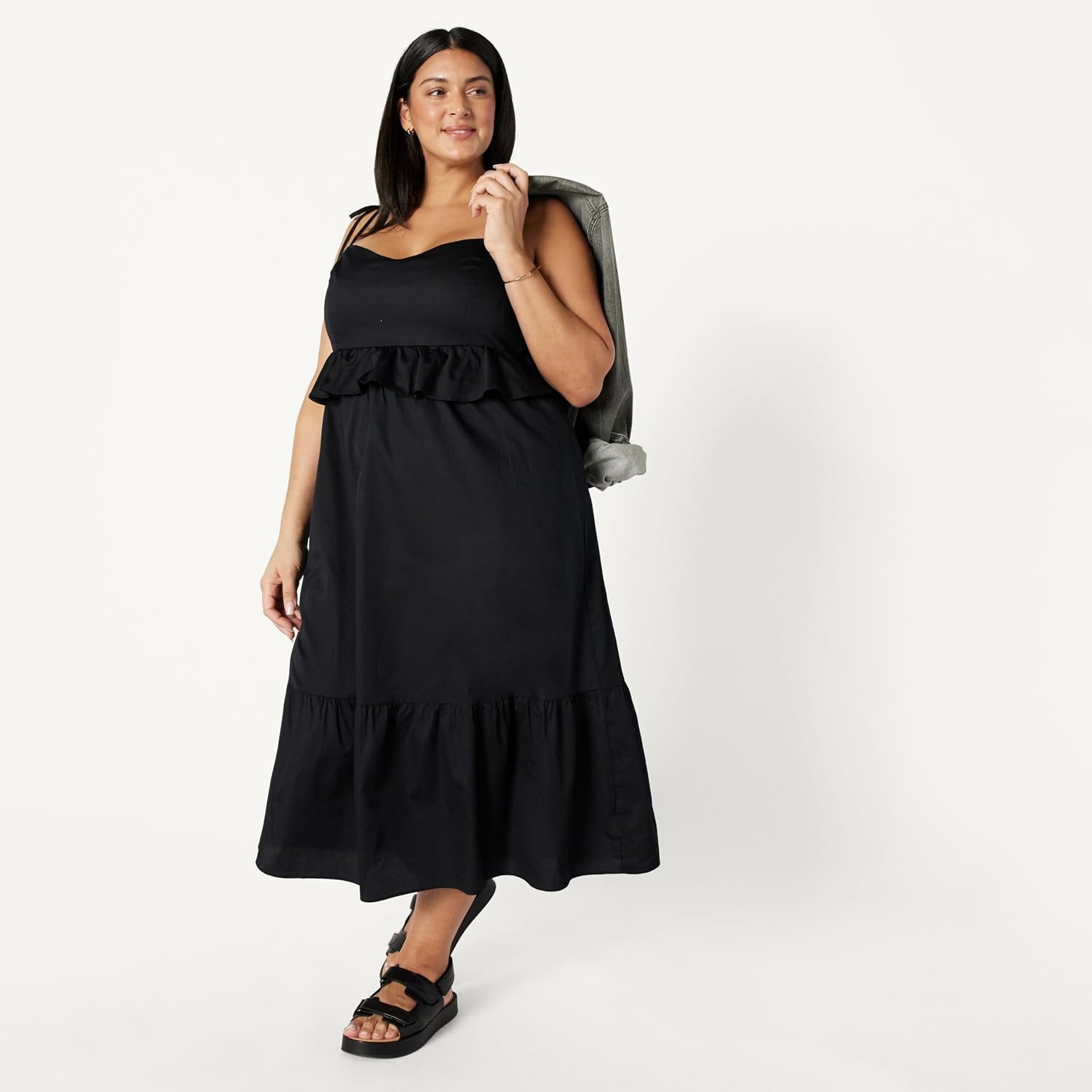 image:imageAmazon Essentials Womens Fit and Flare Empire Waist Sweetheart Neck Cotton Sateen Tiered Maxi DressBlack