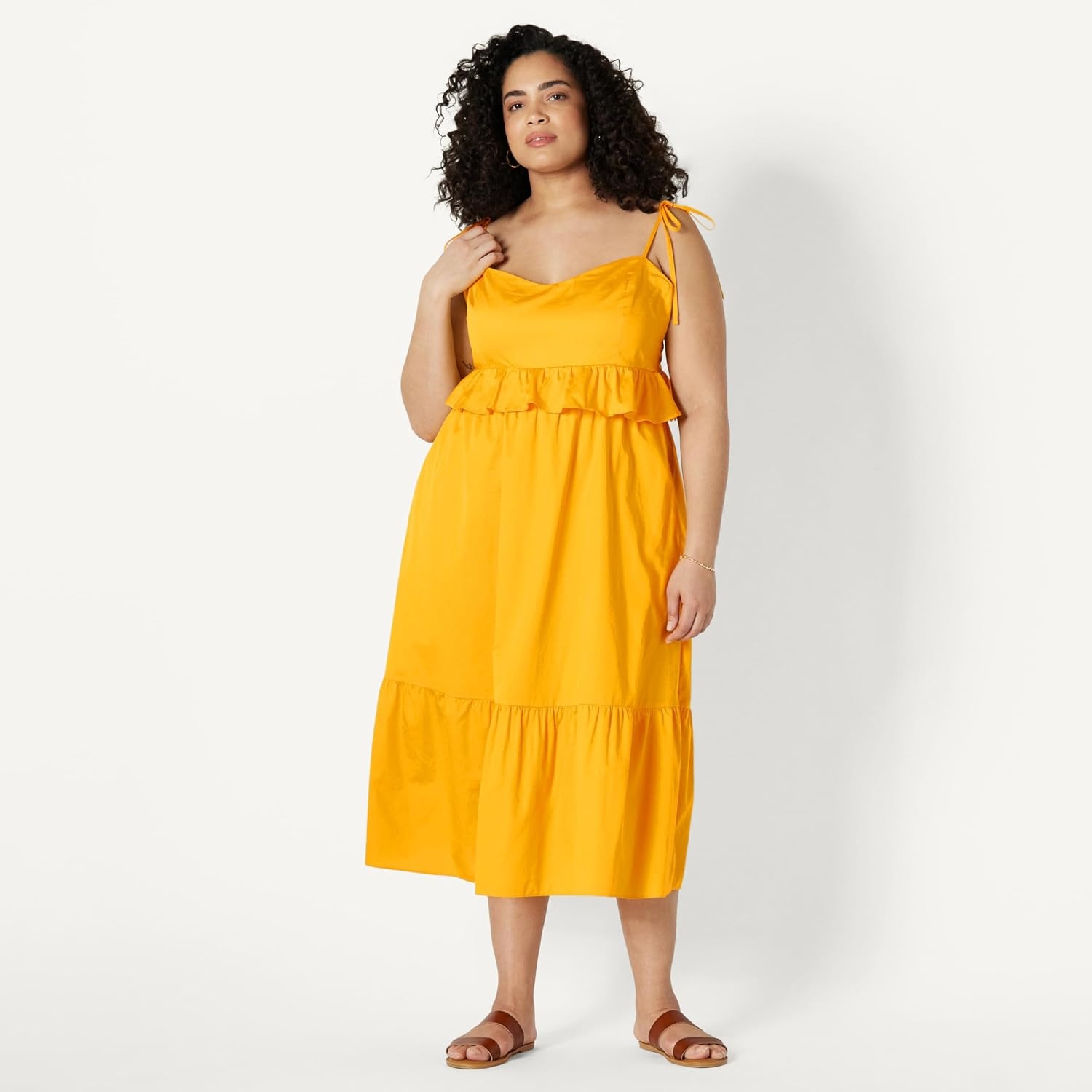 image:imageAmazon Essentials Womens Fit and Flare Empire Waist Sweetheart Neck Cotton Sateen Tiered Maxi DressGolden Yellow