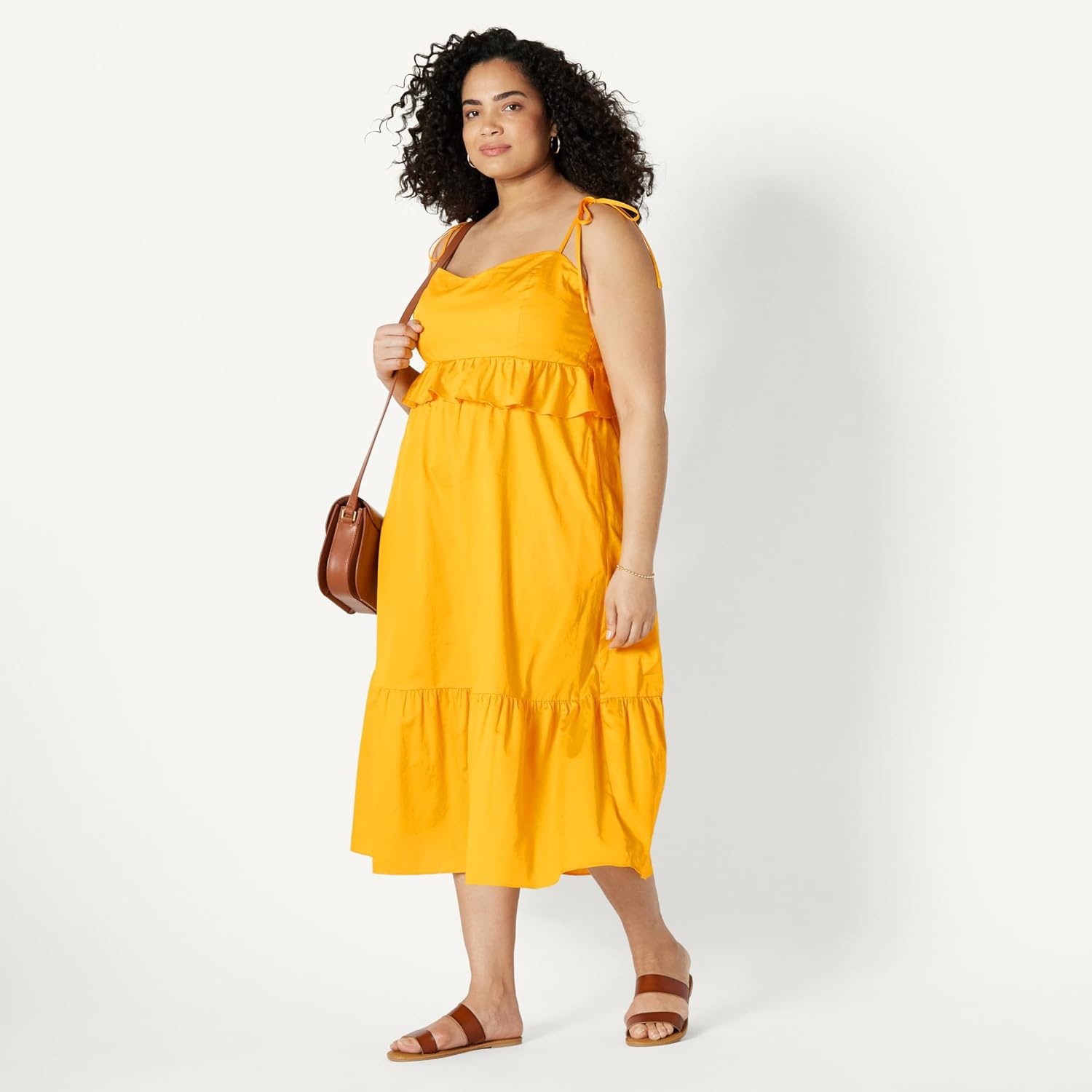 image:imageAmazon Essentials Womens Fit and Flare Empire Waist Sweetheart Neck Cotton Sateen Tiered Maxi DressGolden Yellow