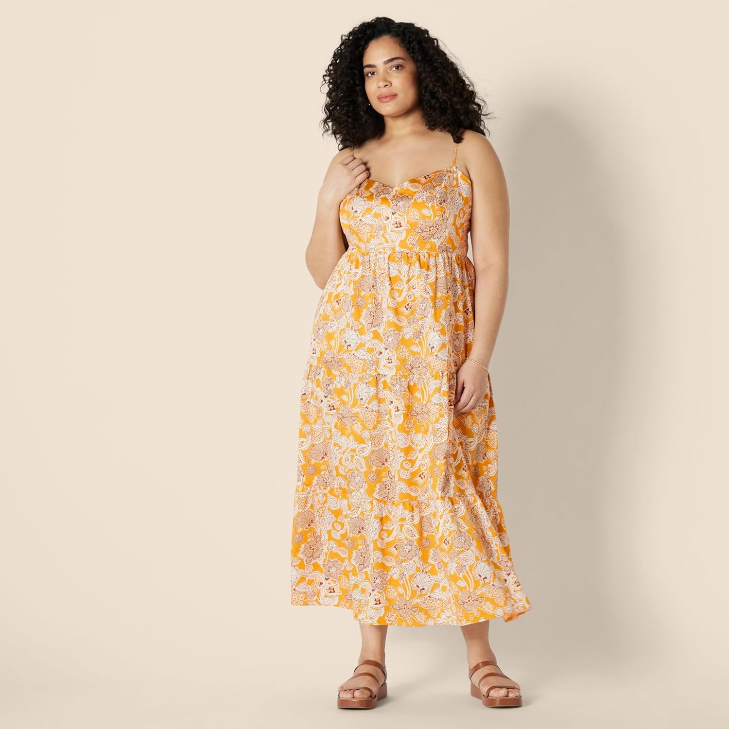 image:imageAmazon Essentials Womens Fit and Flare Empire Waist Sweetheart Neck Cotton Sateen Tiered Maxi DressGolden Yellow Beige Folk Floral Multi
