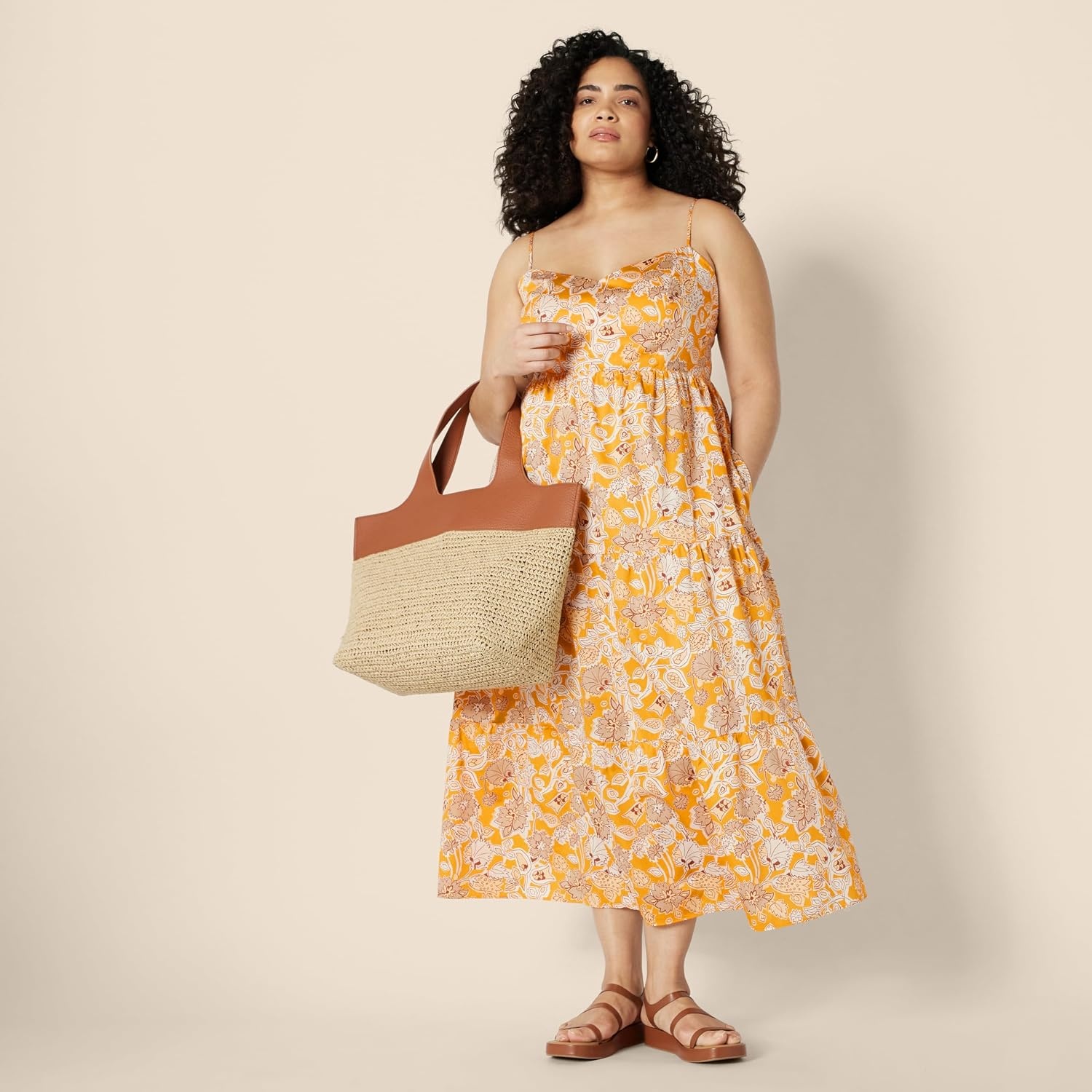 image:imageAmazon Essentials Womens Fit and Flare Empire Waist Sweetheart Neck Cotton Sateen Tiered Maxi DressGolden Yellow Beige Folk Floral Multi