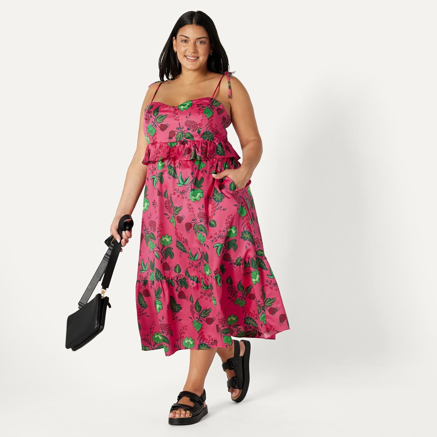 image:imageAmazon Essentials Womens Fit and Flare Empire Waist Sweetheart Neck Cotton Sateen Tiered Maxi DressHot Pink Red Leafy Floral