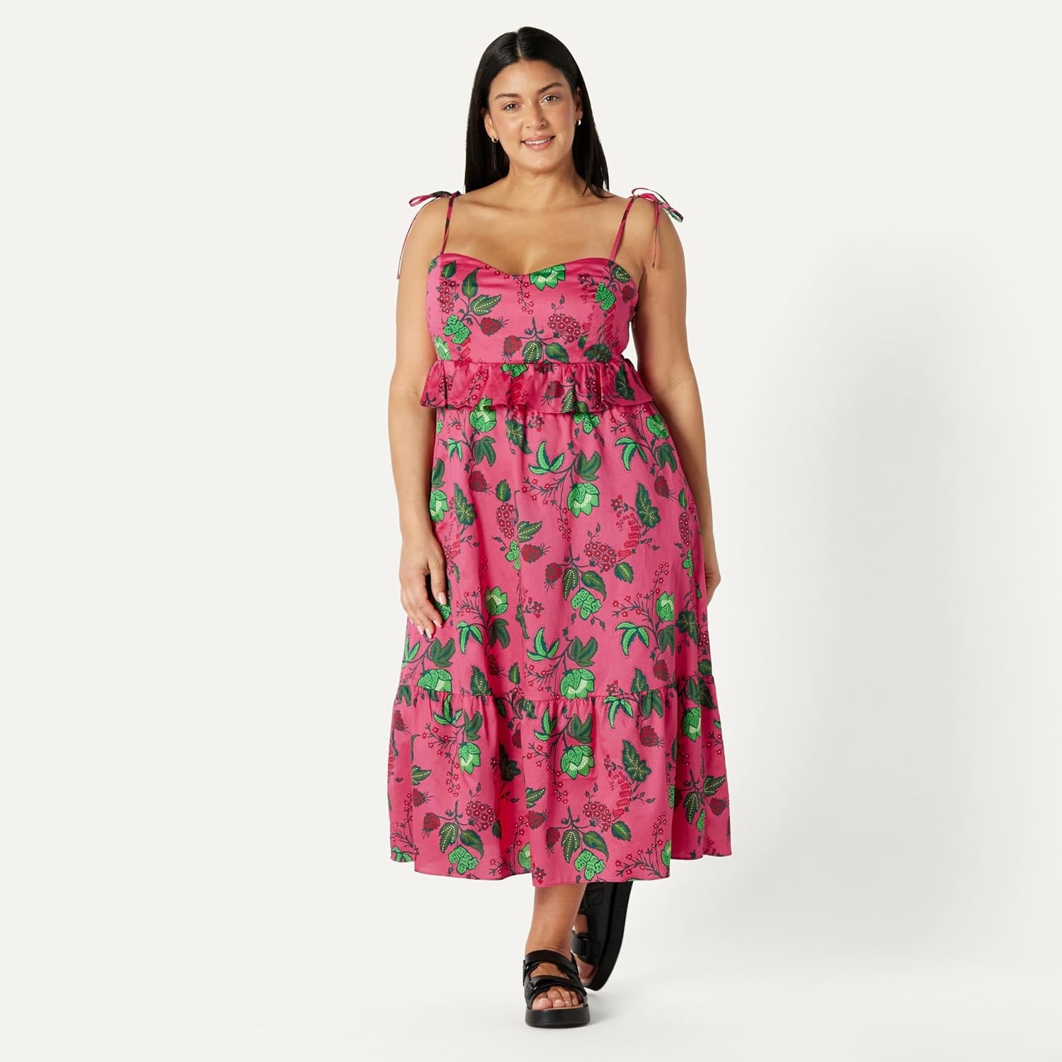 image:imageAmazon Essentials Womens Fit and Flare Empire Waist Sweetheart Neck Cotton Sateen Tiered Maxi DressHot Pink Red Leafy Floral