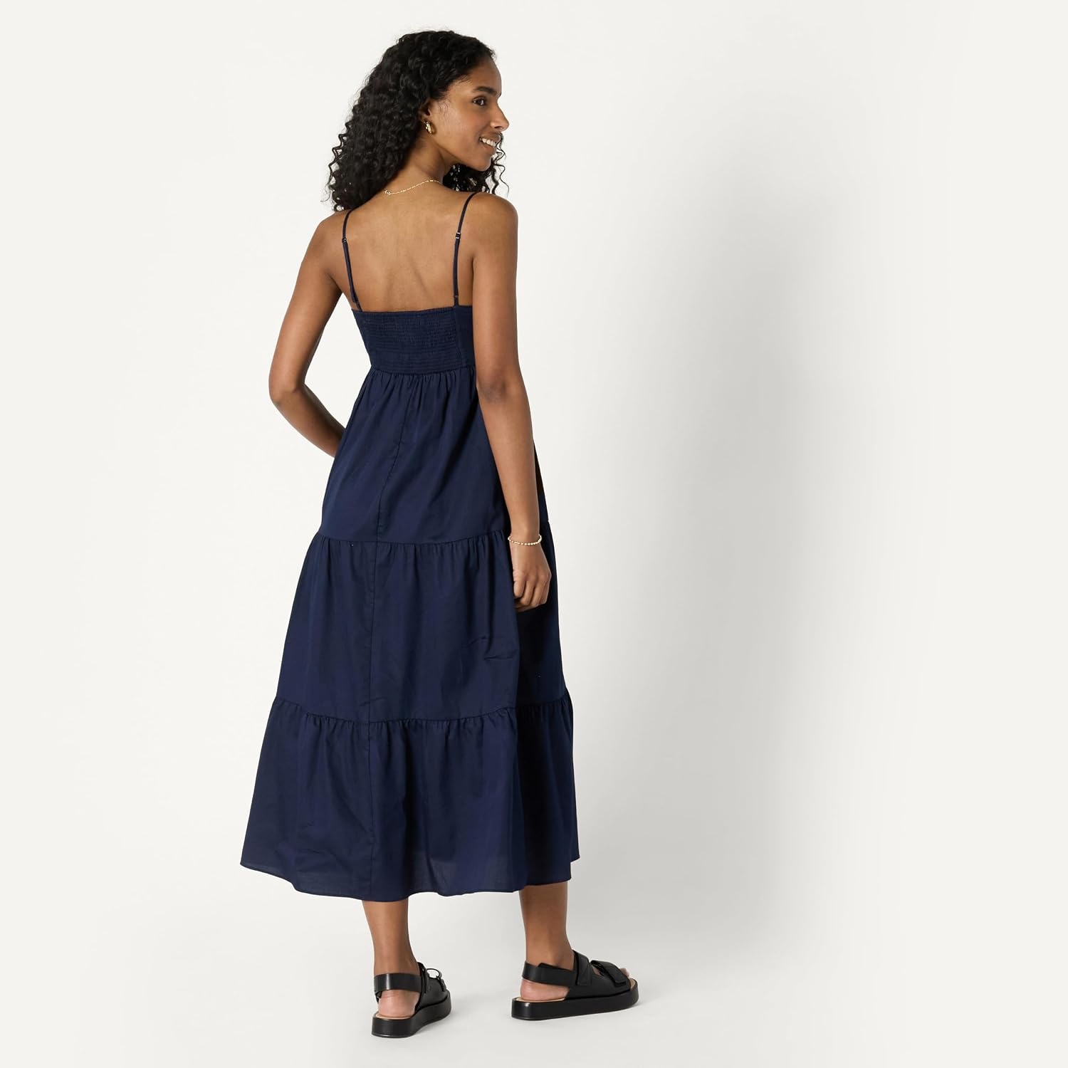 image:imageAmazon Essentials Womens Fit and Flare Empire Waist Sweetheart Neck Cotton Sateen Tiered Maxi DressNavy