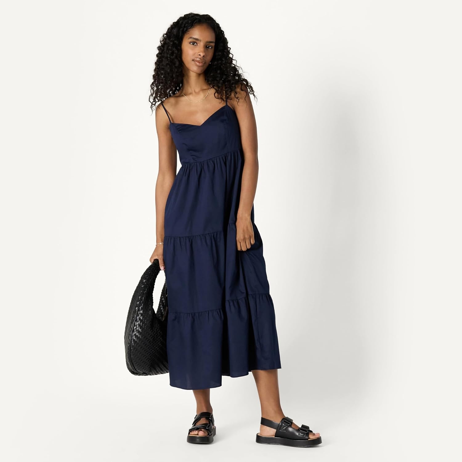 image:imageAmazon Essentials Womens Fit and Flare Empire Waist Sweetheart Neck Cotton Sateen Tiered Maxi DressNavy