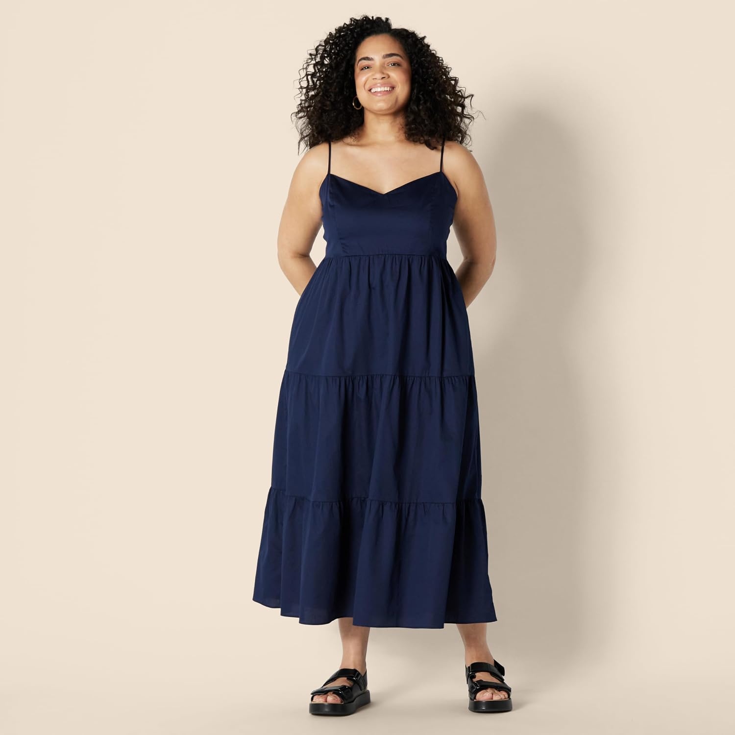 image:imageAmazon Essentials Womens Fit and Flare Empire Waist Sweetheart Neck Cotton Sateen Tiered Maxi DressNavy