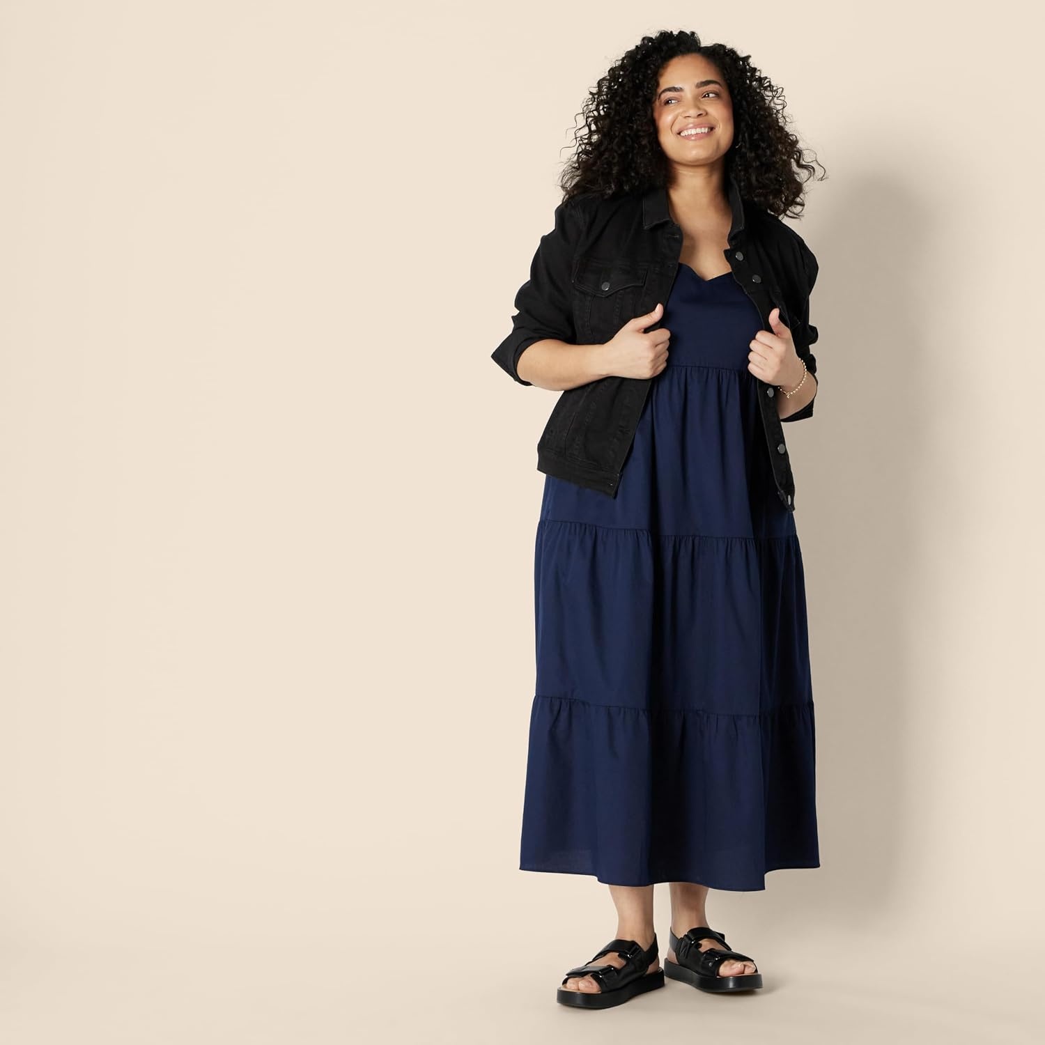 image:imageAmazon Essentials Womens Fit and Flare Empire Waist Sweetheart Neck Cotton Sateen Tiered Maxi DressNavy