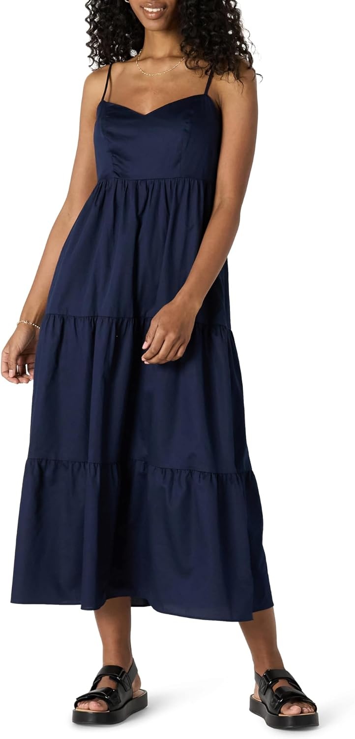 image:imageAmazon Essentials Womens Fit and Flare Empire Waist Sweetheart Neck Cotton Sateen Tiered Maxi DressNavy