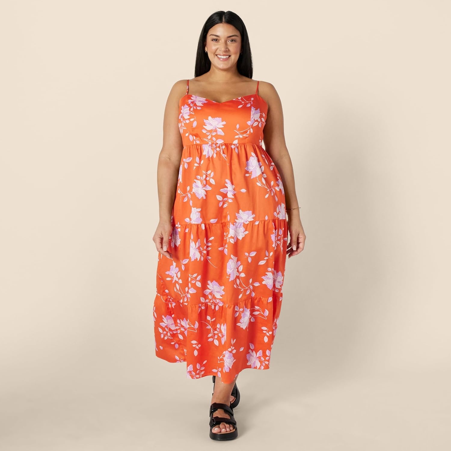 image:imageAmazon Essentials Womens Fit and Flare Empire Waist Sweetheart Neck Cotton Sateen Tiered Maxi DressOrange Pastel Lilac Roses Large