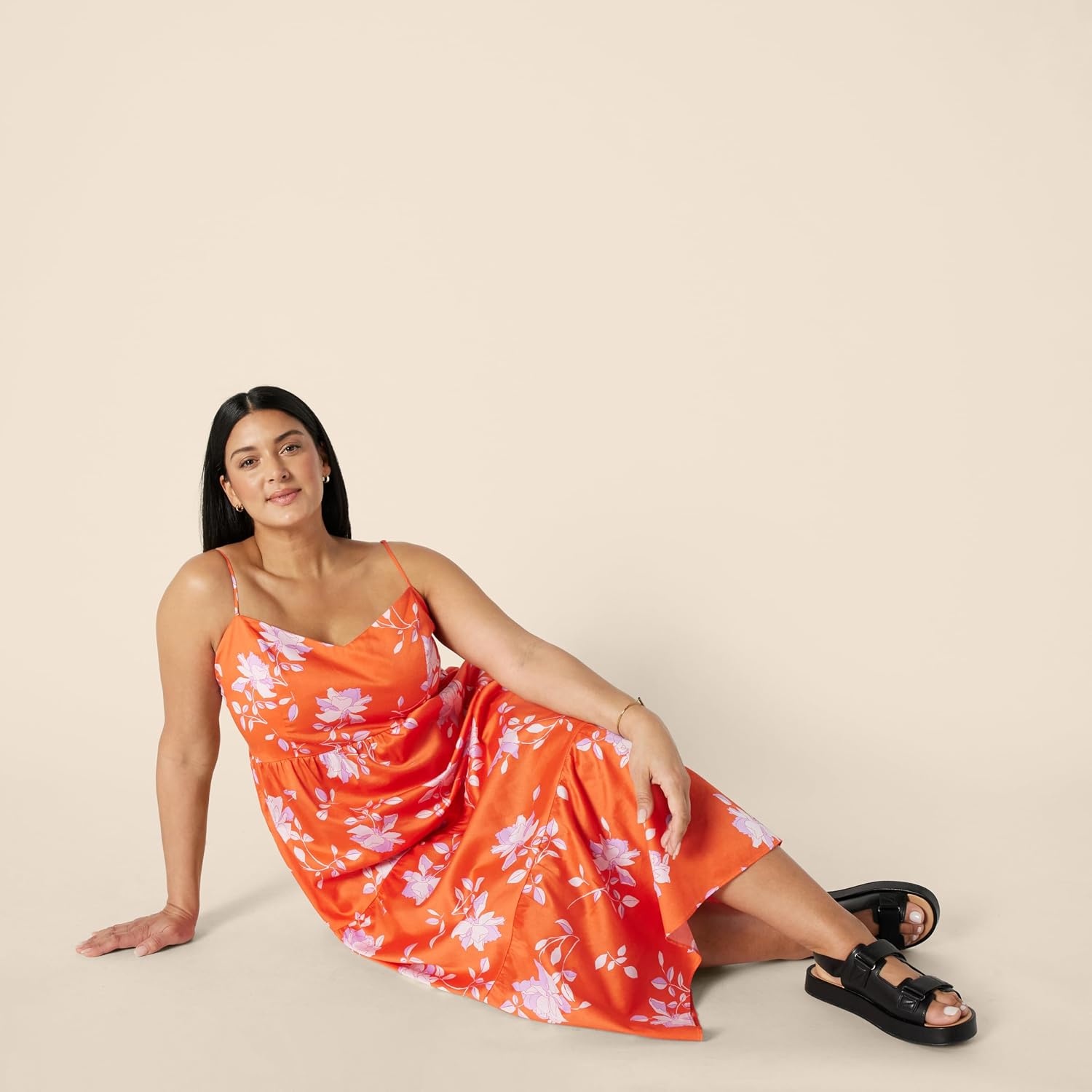 image:imageAmazon Essentials Womens Fit and Flare Empire Waist Sweetheart Neck Cotton Sateen Tiered Maxi DressOrange Pastel Lilac Roses Large