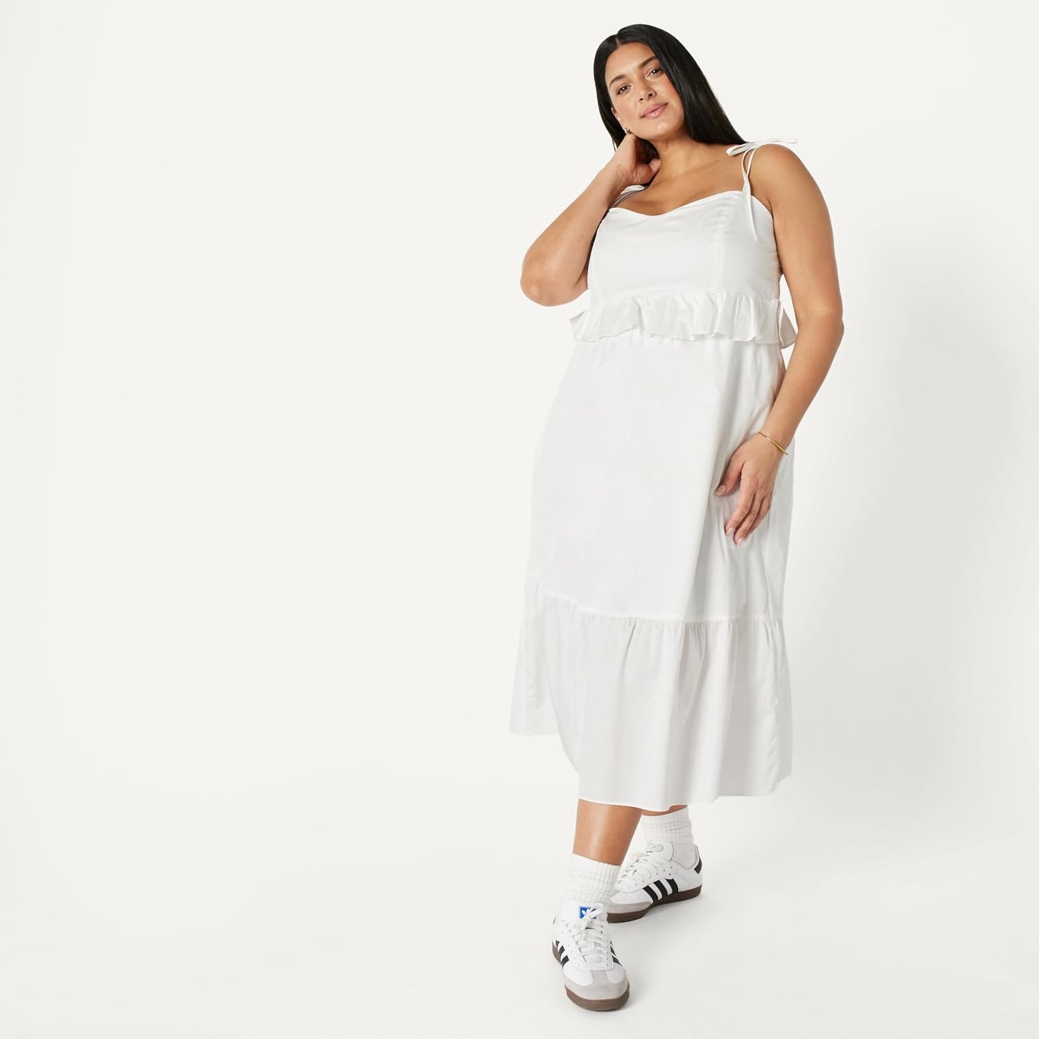 image:imageAmazon Essentials Womens Fit and Flare Empire Waist Sweetheart Neck Cotton Sateen Tiered Maxi DressWhite