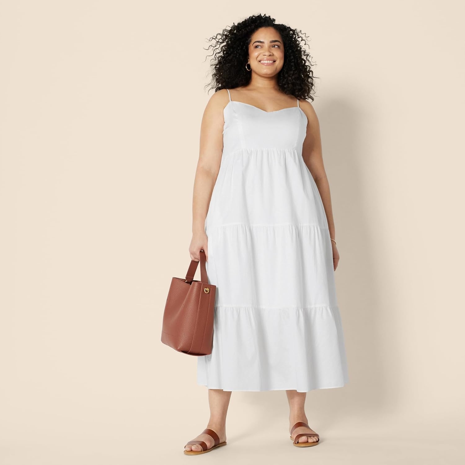 image:imageAmazon Essentials Womens Fit and Flare Empire Waist Sweetheart Neck Cotton Sateen Tiered Maxi DressWhite