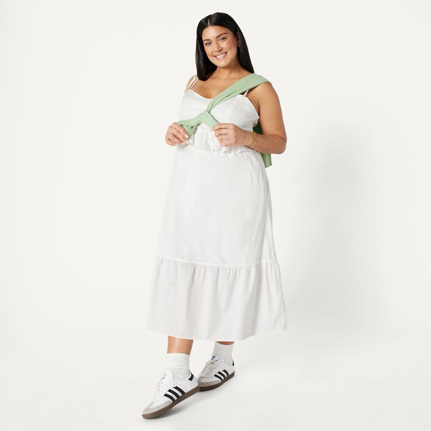 image:imageAmazon Essentials Womens Fit and Flare Empire Waist Sweetheart Neck Cotton Sateen Tiered Maxi DressWhite