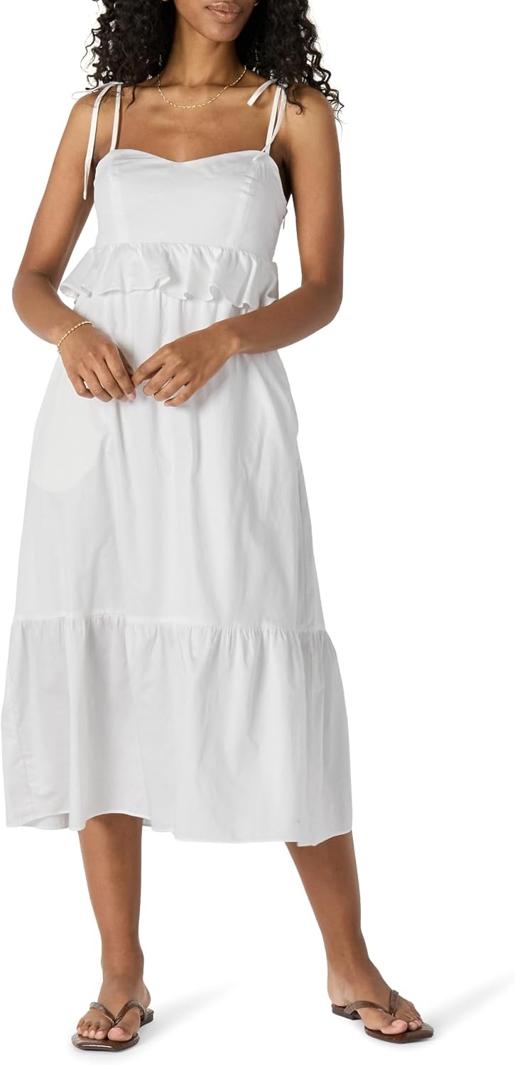image:imageAmazon Essentials Womens Fit and Flare Empire Waist Sweetheart Neck Cotton Sateen Tiered Maxi DressWhite