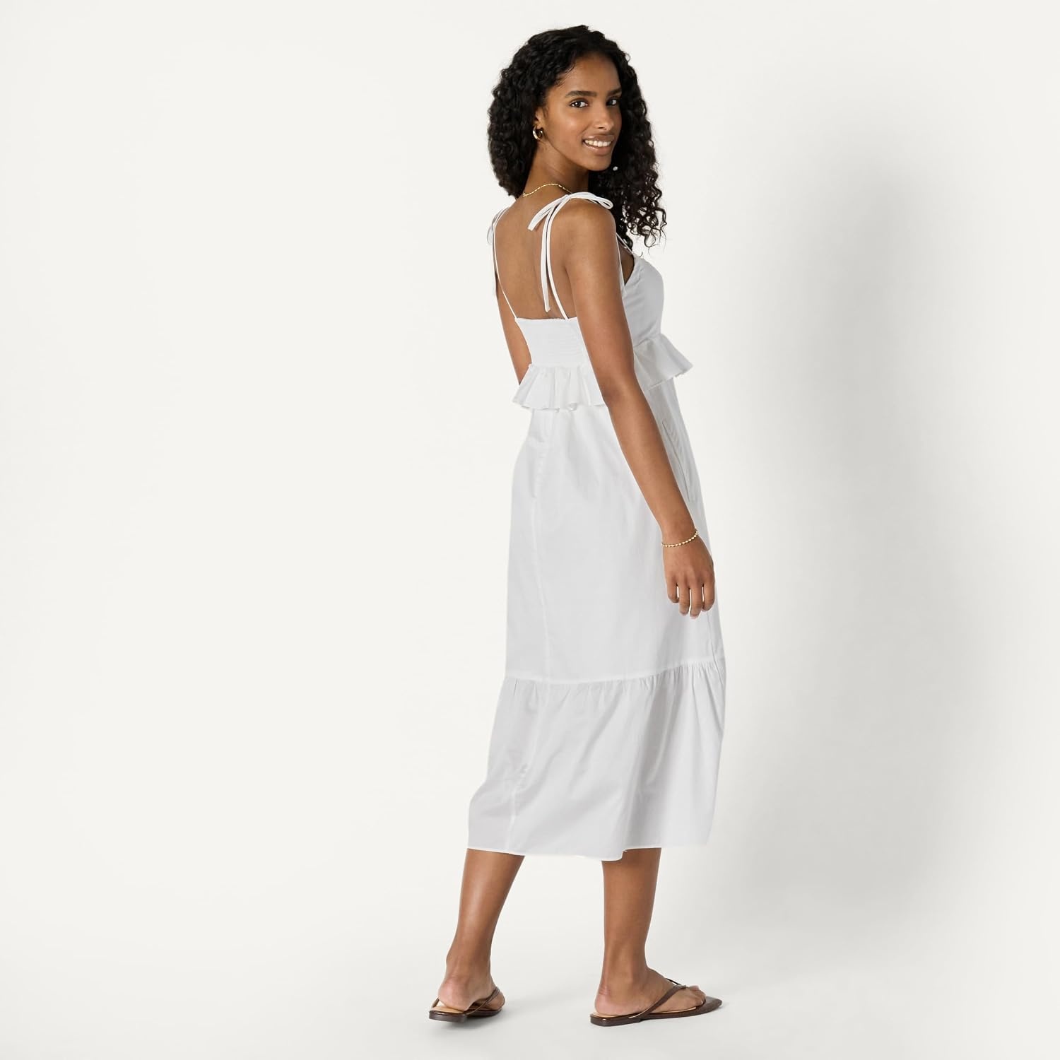 image:imageAmazon Essentials Womens Fit and Flare Empire Waist Sweetheart Neck Cotton Sateen Tiered Maxi DressWhite