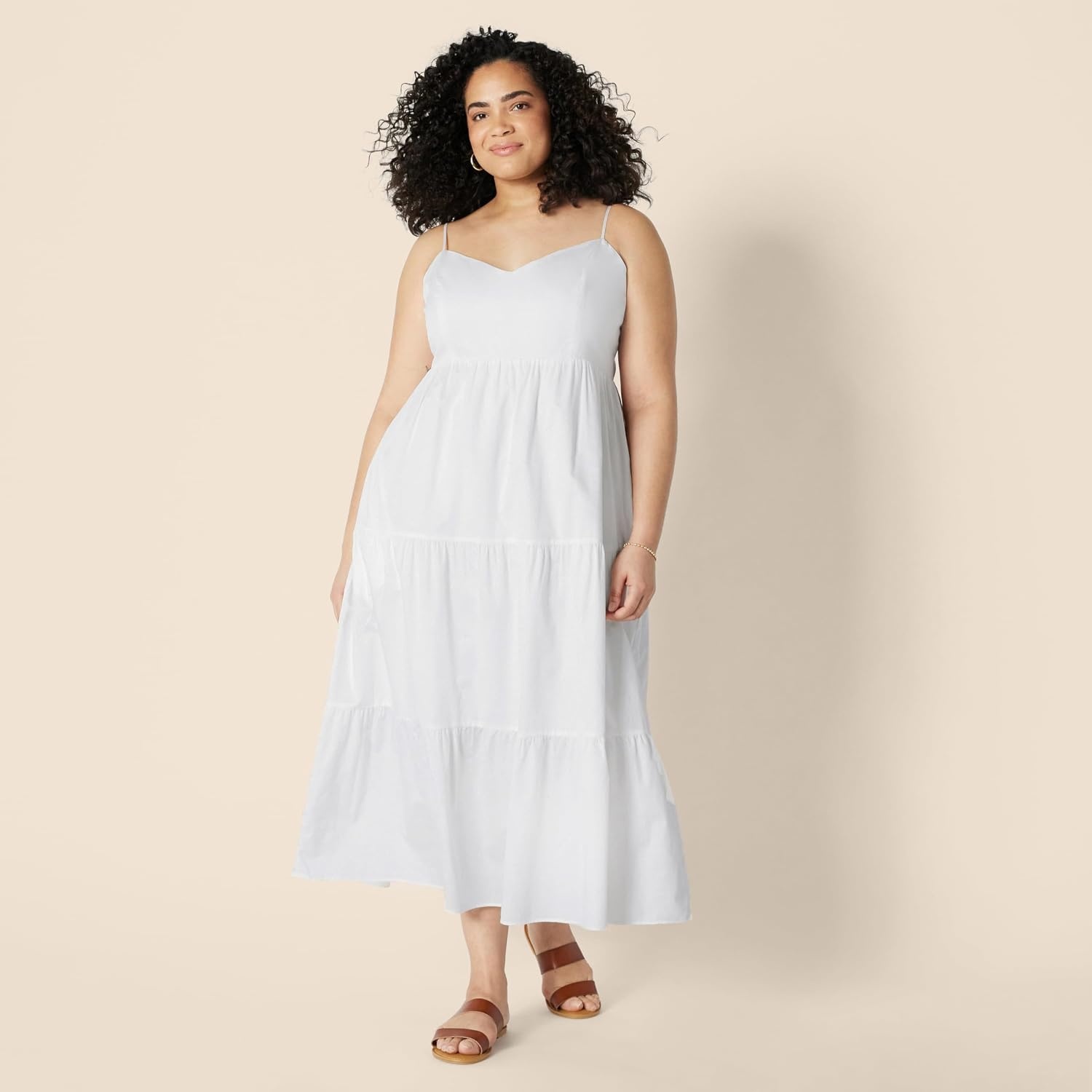 image:imageAmazon Essentials Womens Fit and Flare Empire Waist Sweetheart Neck Cotton Sateen Tiered Maxi DressWhite