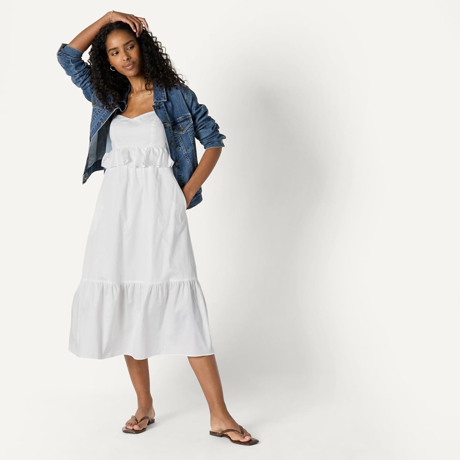 image:imageAmazon Essentials Womens Fit and Flare Empire Waist Sweetheart Neck Cotton Sateen Tiered Maxi DressWhite