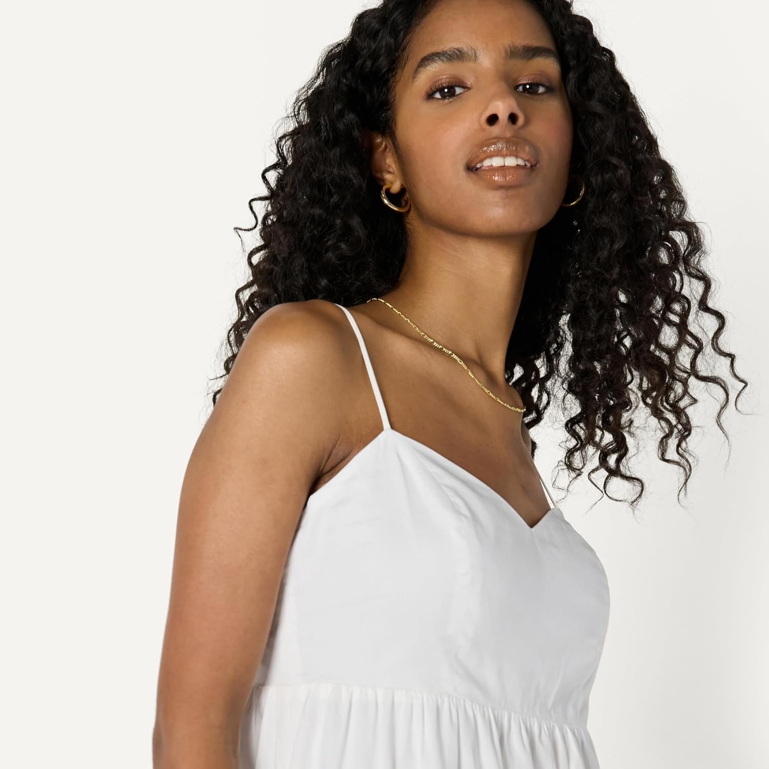 image:imageAmazon Essentials Womens Fit and Flare Empire Waist Sweetheart Neck Cotton Sateen Tiered Maxi DressWhite
