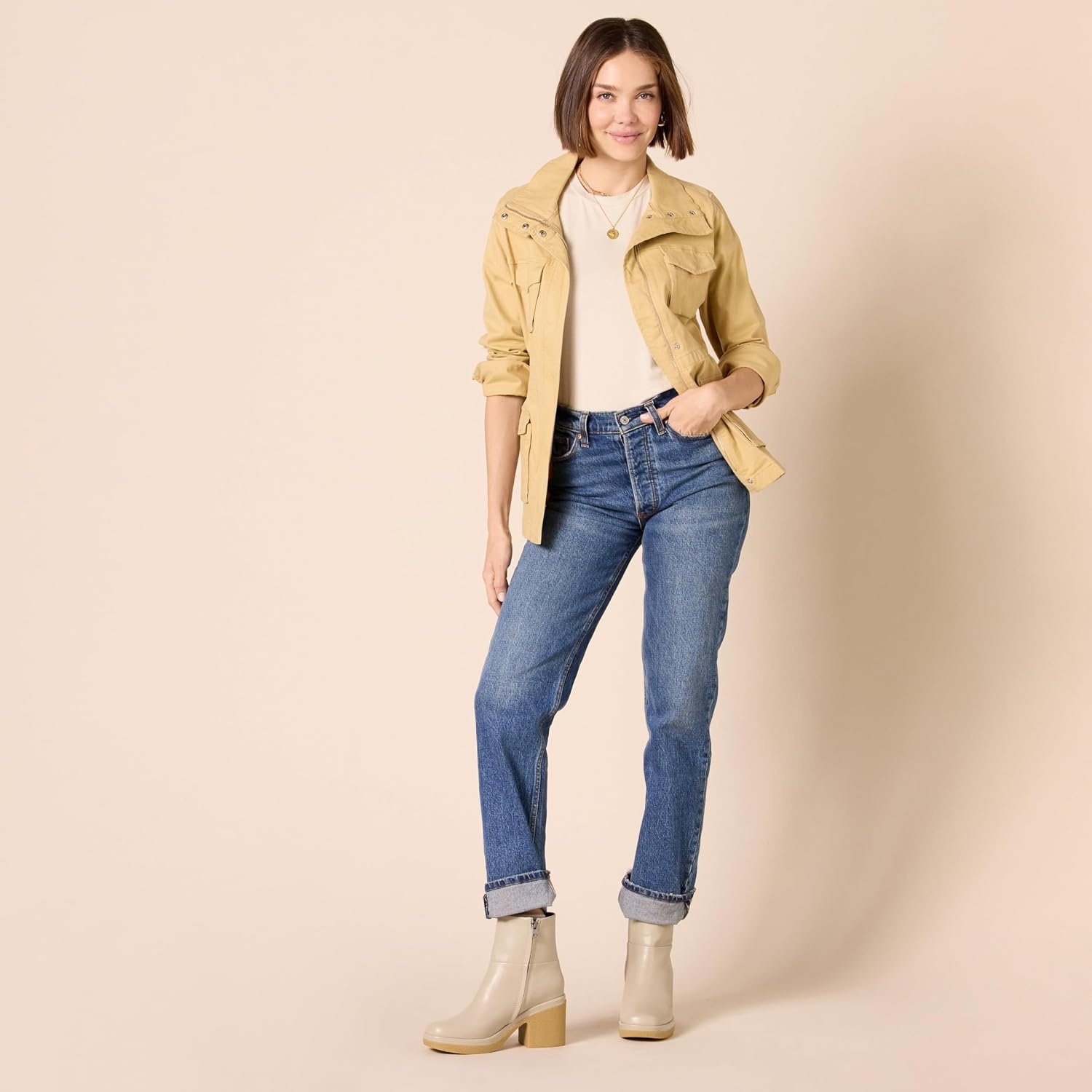 image:imageAmazon Essentials Womens Platform Ankle Boots with Square Toe Faux LeatherOatmeal