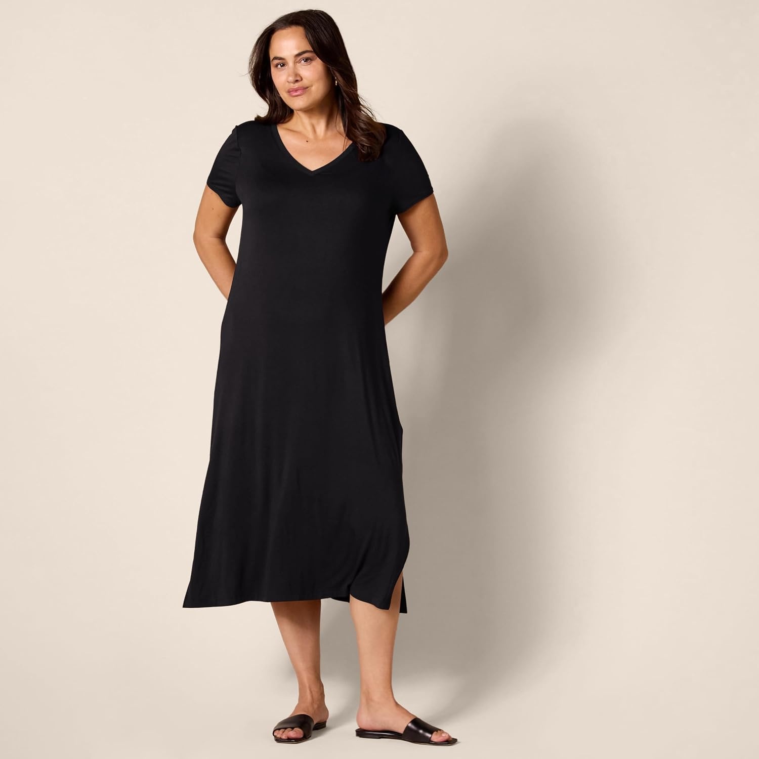 image:imageAmazon Essentials Womens Regular Fit VNeck Short Sleeve Midi Length TShirt Dress Soft Viscose Stretch Jersey Side SlitsBlack
