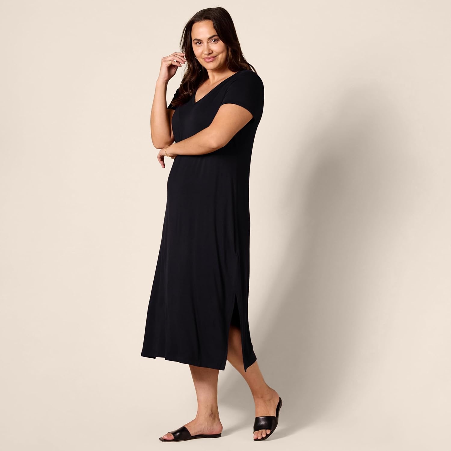 image:imageAmazon Essentials Womens Regular Fit VNeck Short Sleeve Midi Length TShirt Dress Soft Viscose Stretch Jersey Side SlitsBlack