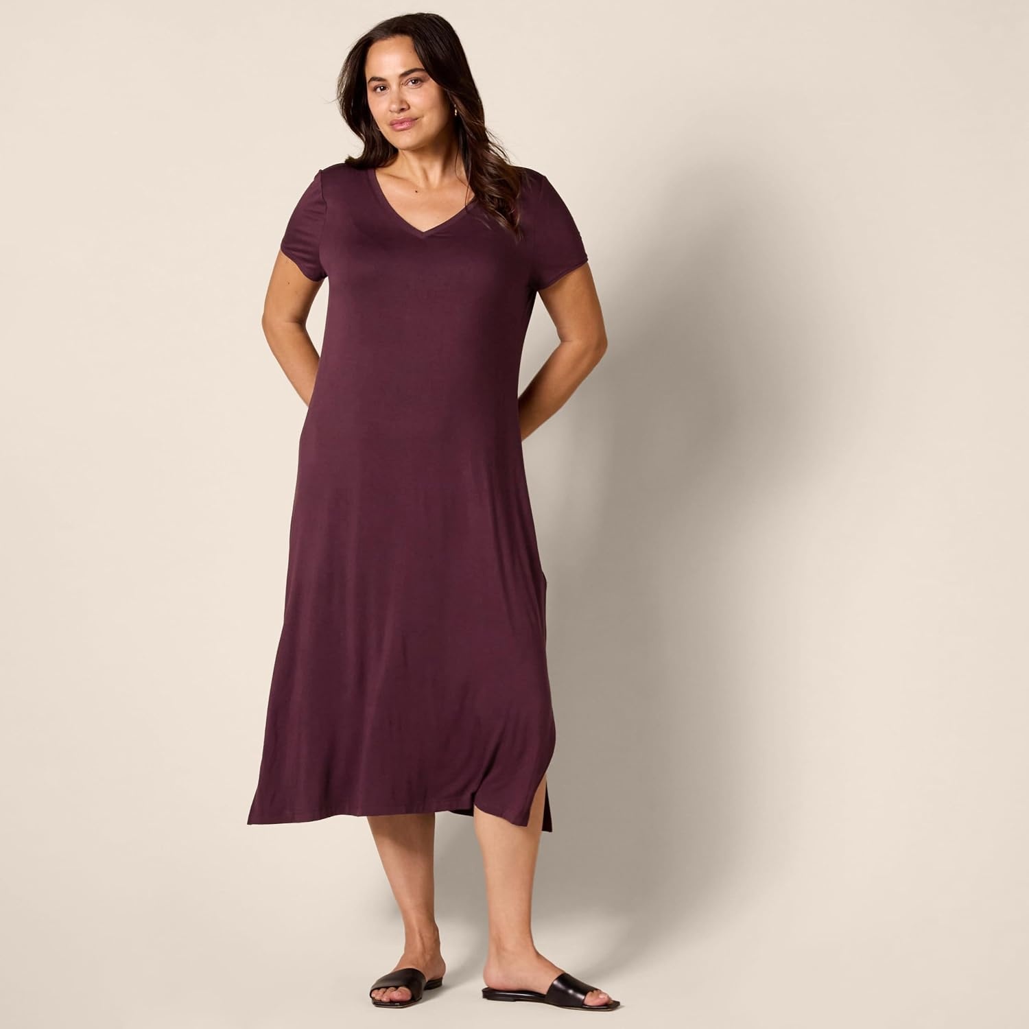 image:imageAmazon Essentials Womens Regular Fit VNeck Short Sleeve Midi Length TShirt Dress Soft Viscose Stretch Jersey Side SlitsBurgundy