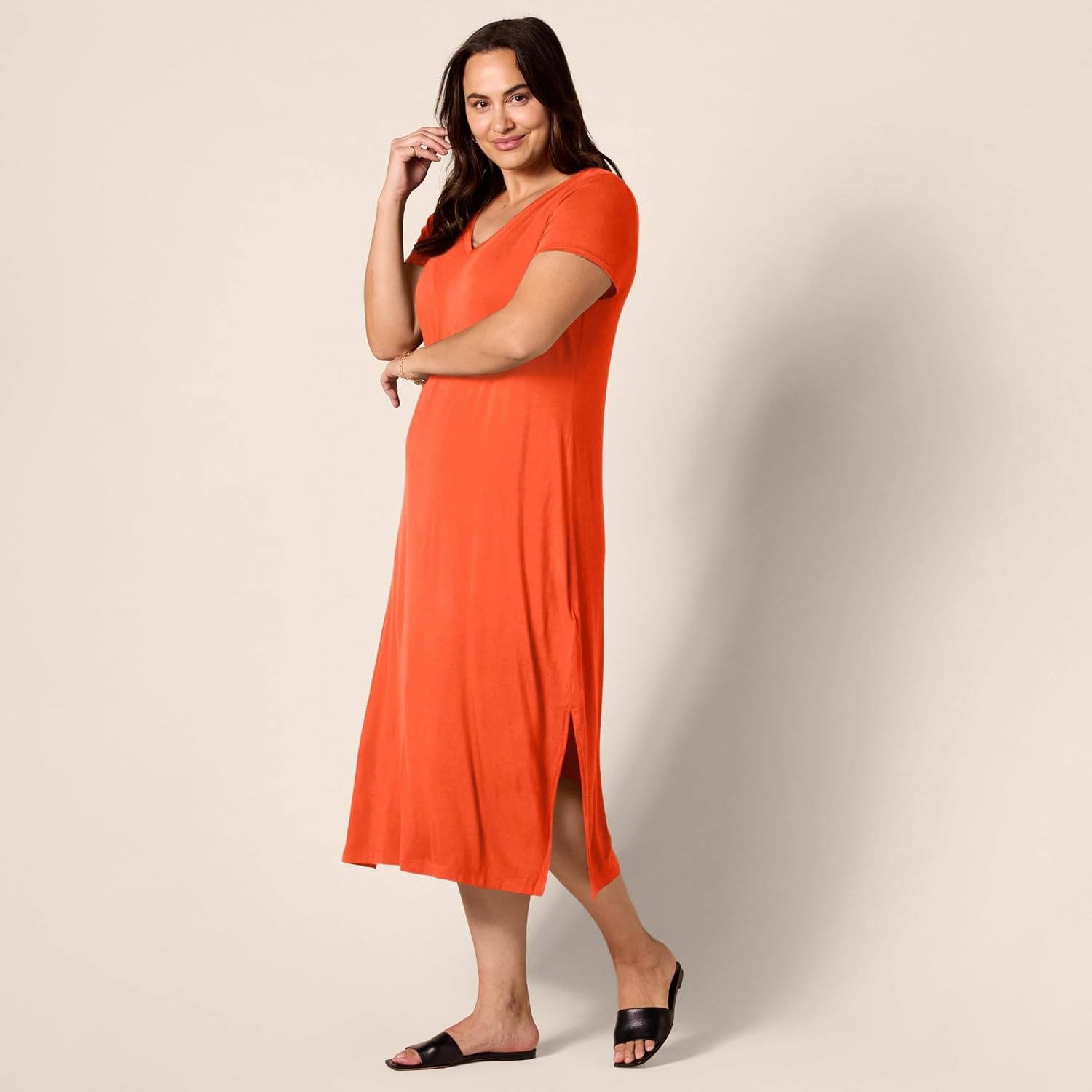 image:imageAmazon Essentials Womens Regular Fit VNeck Short Sleeve Midi Length TShirt Dress Soft Viscose Stretch Jersey Side SlitsCoral Orange