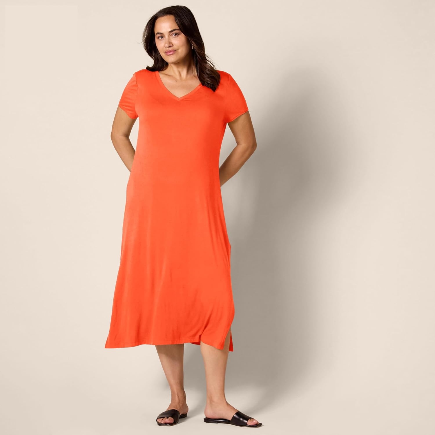 image:imageAmazon Essentials Womens Regular Fit VNeck Short Sleeve Midi Length TShirt Dress Soft Viscose Stretch Jersey Side SlitsCoral Orange
