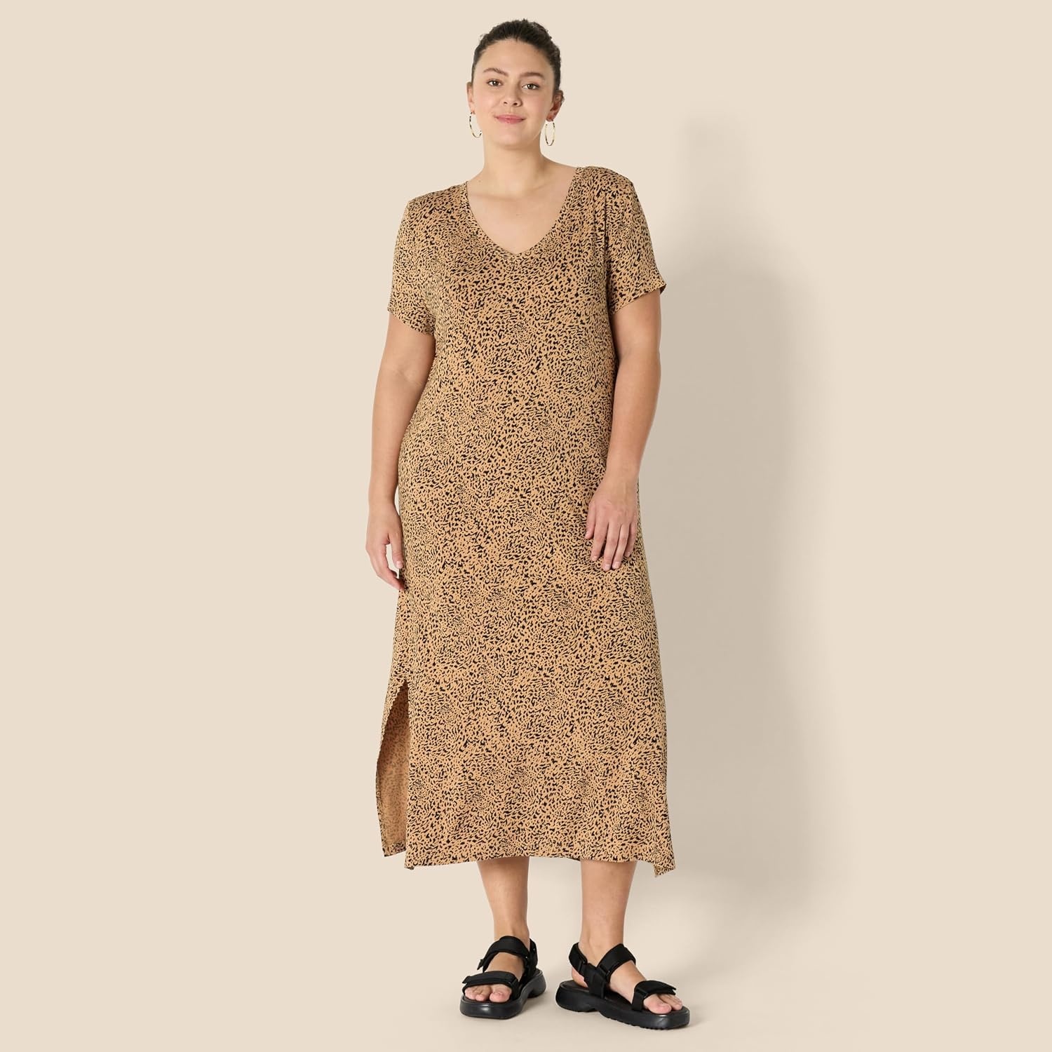 image:imageAmazon Essentials Womens Regular Fit VNeck Short Sleeve Midi Length TShirt Dress Soft Viscose Stretch Jersey Side SlitsDark Camel Animal Print