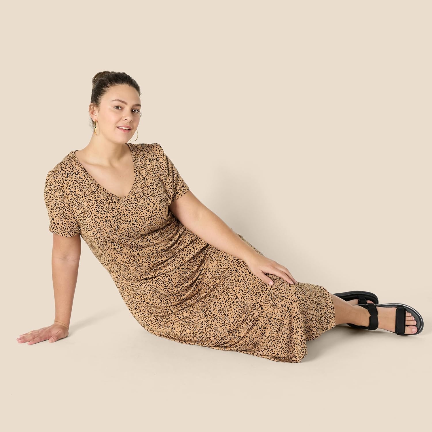 image:imageAmazon Essentials Womens Regular Fit VNeck Short Sleeve Midi Length TShirt Dress Soft Viscose Stretch Jersey Side SlitsDark Camel Animal Print