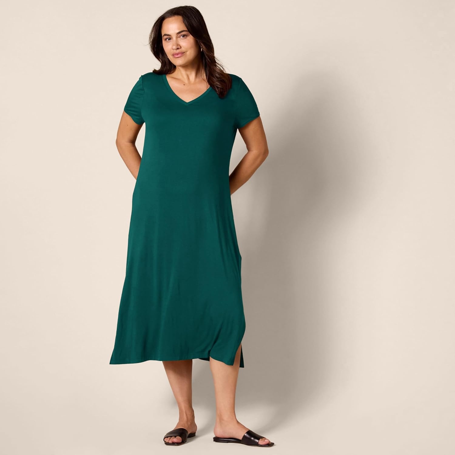 image:imageAmazon Essentials Womens Regular Fit VNeck Short Sleeve Midi Length TShirt Dress Soft Viscose Stretch Jersey Side SlitsDark Green