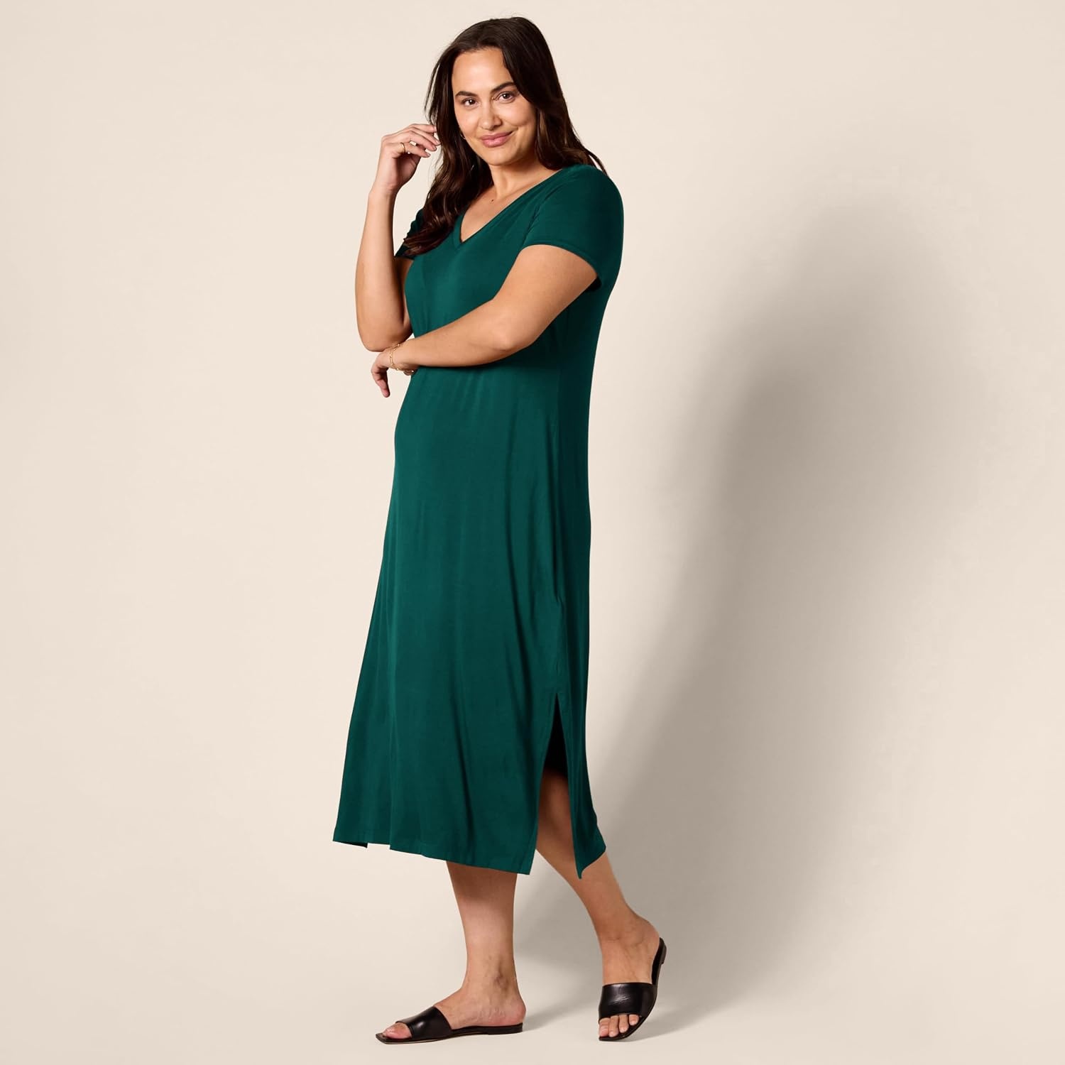 image:imageAmazon Essentials Womens Regular Fit VNeck Short Sleeve Midi Length TShirt Dress Soft Viscose Stretch Jersey Side SlitsDark Green