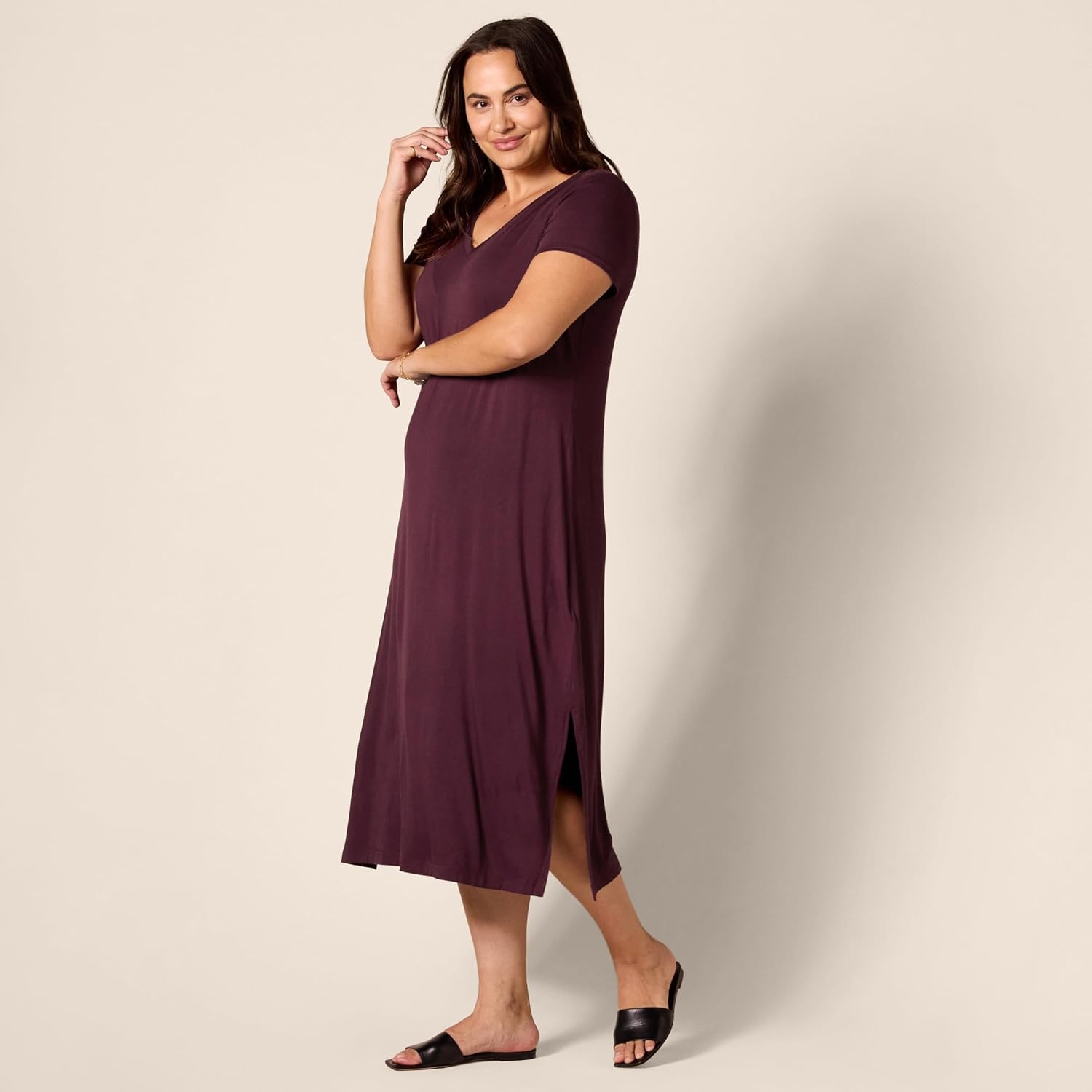 image:imageAmazon Essentials Womens Regular Fit VNeck Short Sleeve Midi Length TShirt Dress Soft Viscose Stretch Jersey Side SlitsDark Purple