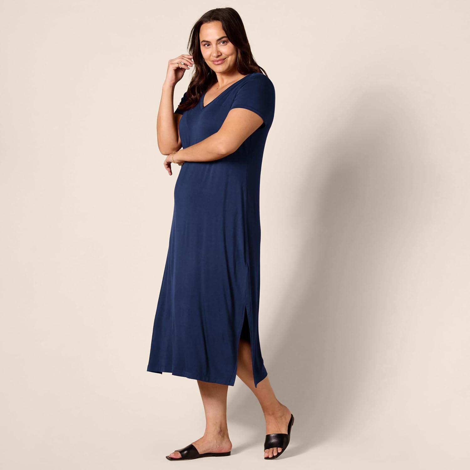 image:imageAmazon Essentials Womens Regular Fit VNeck Short Sleeve Midi Length TShirt Dress Soft Viscose Stretch Jersey Side SlitsNavy