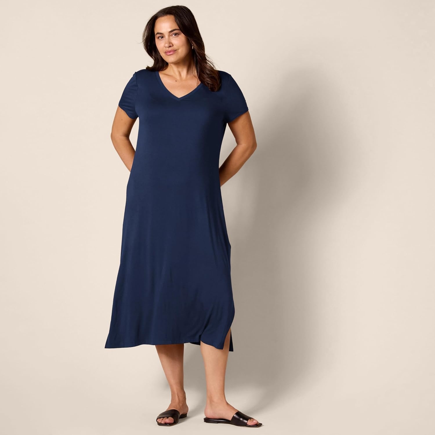 image:imageAmazon Essentials Womens Regular Fit VNeck Short Sleeve Midi Length TShirt Dress Soft Viscose Stretch Jersey Side SlitsNavy