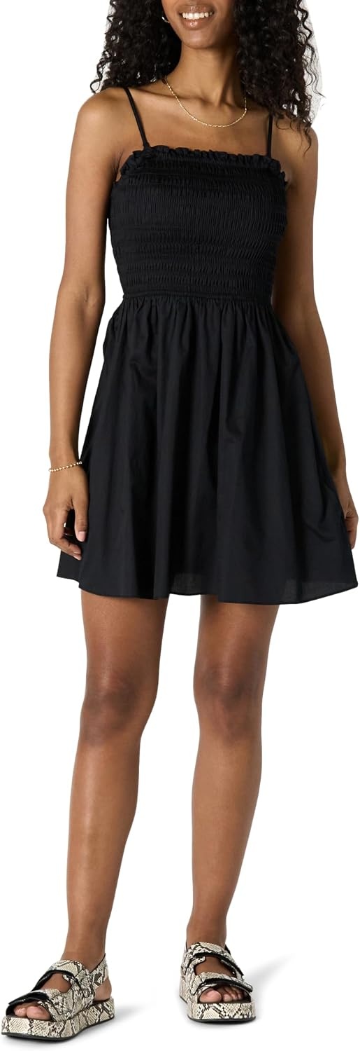 image:imageAmazon Essentials Womens RegularFit Cotton Sateen Smocked Bodice Midi Dress with Removable Straps Aline RuffleBlack