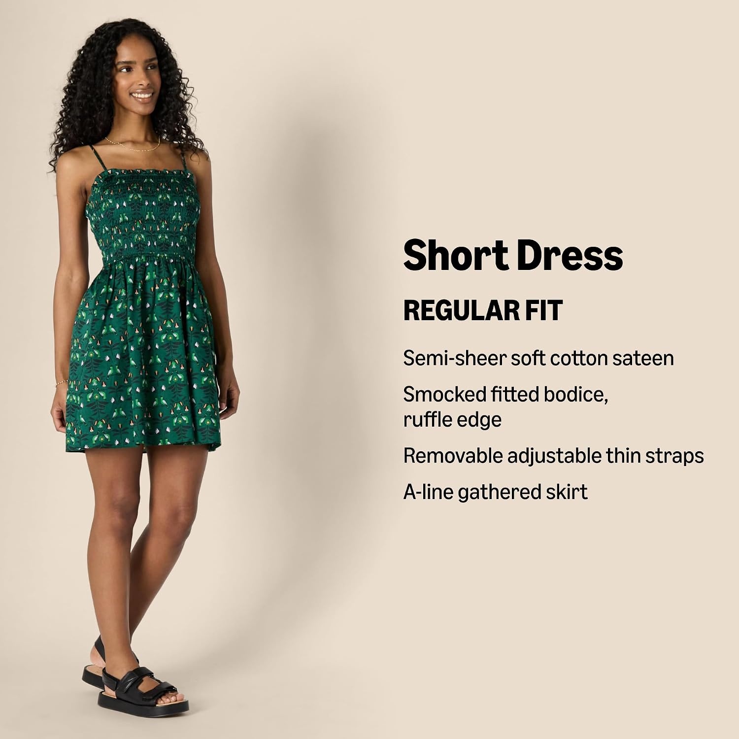 image:imageAmazon Essentials Womens RegularFit Cotton Sateen Smocked Bodice Midi Dress with Removable Straps Aline RuffleBlack