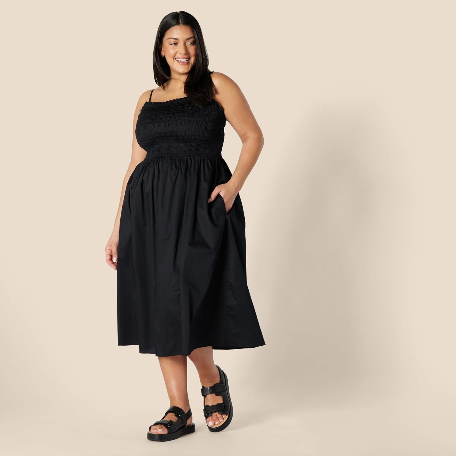 image:imageAmazon Essentials Womens RegularFit Cotton Sateen Smocked Bodice Midi Dress with Removable Straps Aline RuffleBlack