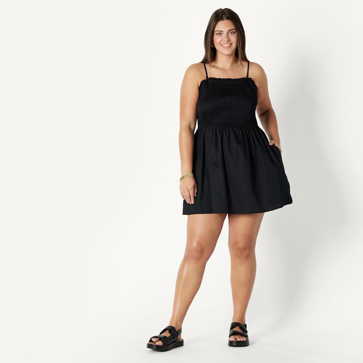 image:imageAmazon Essentials Womens RegularFit Cotton Sateen Smocked Bodice Midi Dress with Removable Straps Aline RuffleBlack