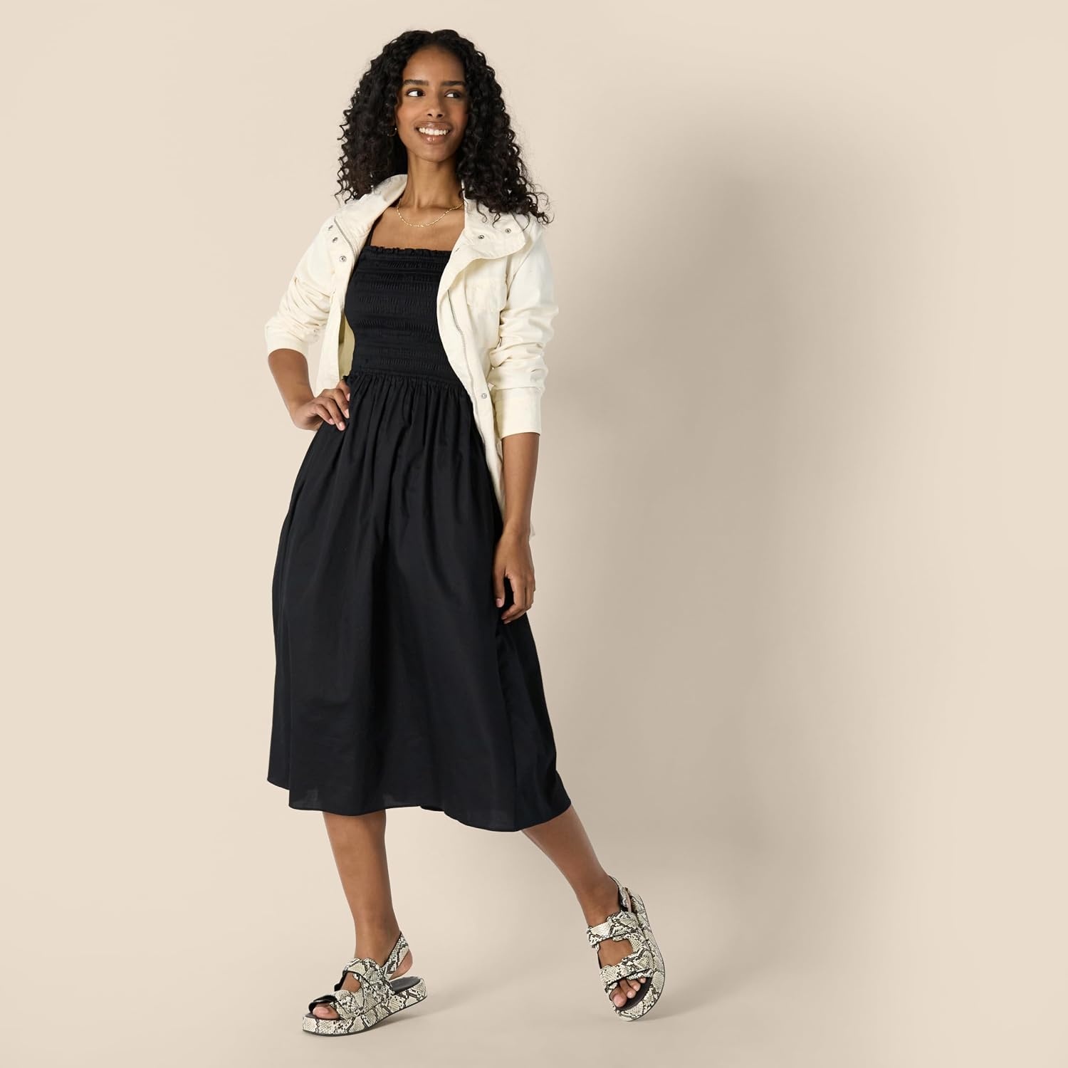 image:imageAmazon Essentials Womens RegularFit Cotton Sateen Smocked Bodice Midi Dress with Removable Straps Aline RuffleBlack