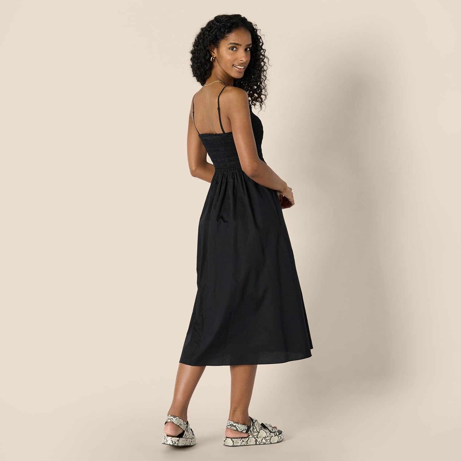 image:imageAmazon Essentials Womens RegularFit Cotton Sateen Smocked Bodice Midi Dress with Removable Straps Aline RuffleBlack