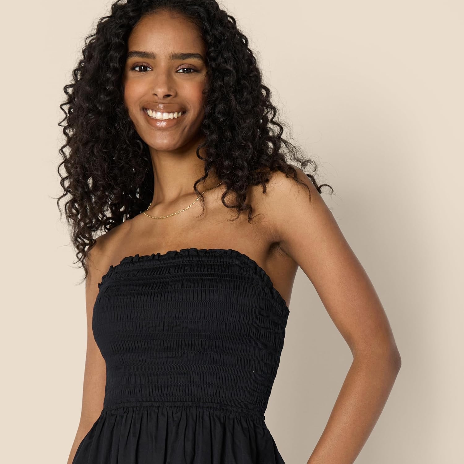 image:imageAmazon Essentials Womens RegularFit Cotton Sateen Smocked Bodice Midi Dress with Removable Straps Aline RuffleBlack