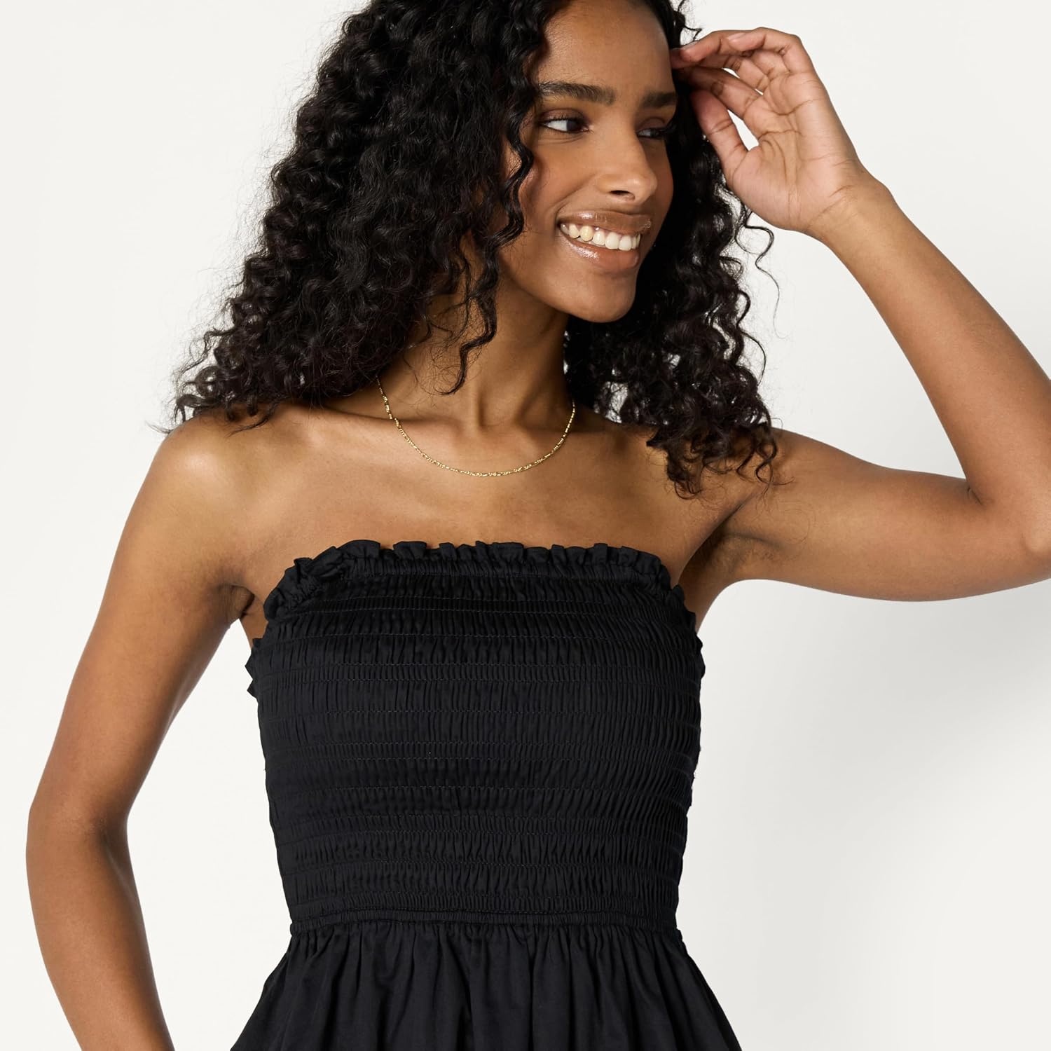 image:imageAmazon Essentials Womens RegularFit Cotton Sateen Smocked Bodice Midi Dress with Removable Straps Aline RuffleBlack