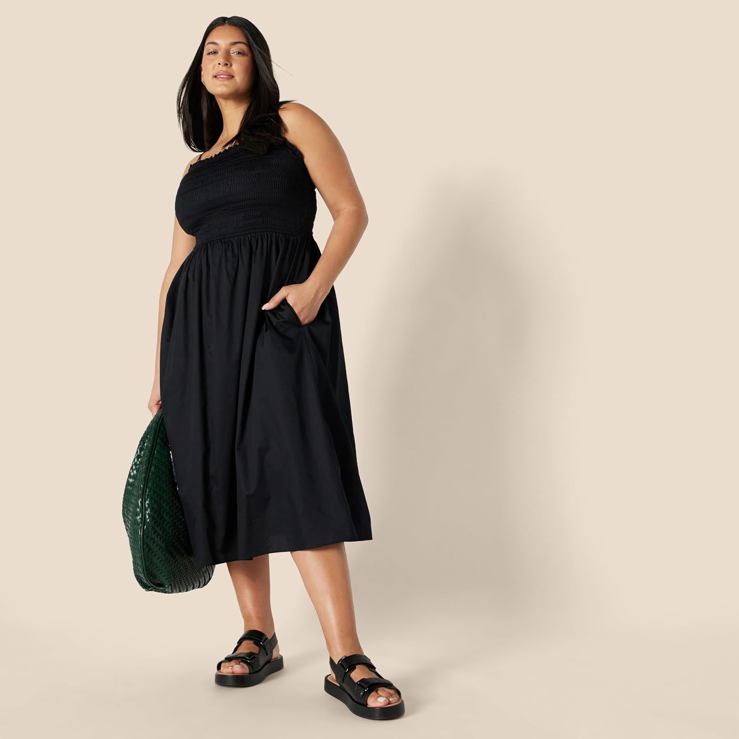 image:imageAmazon Essentials Womens RegularFit Cotton Sateen Smocked Bodice Midi Dress with Removable Straps Aline RuffleBlack