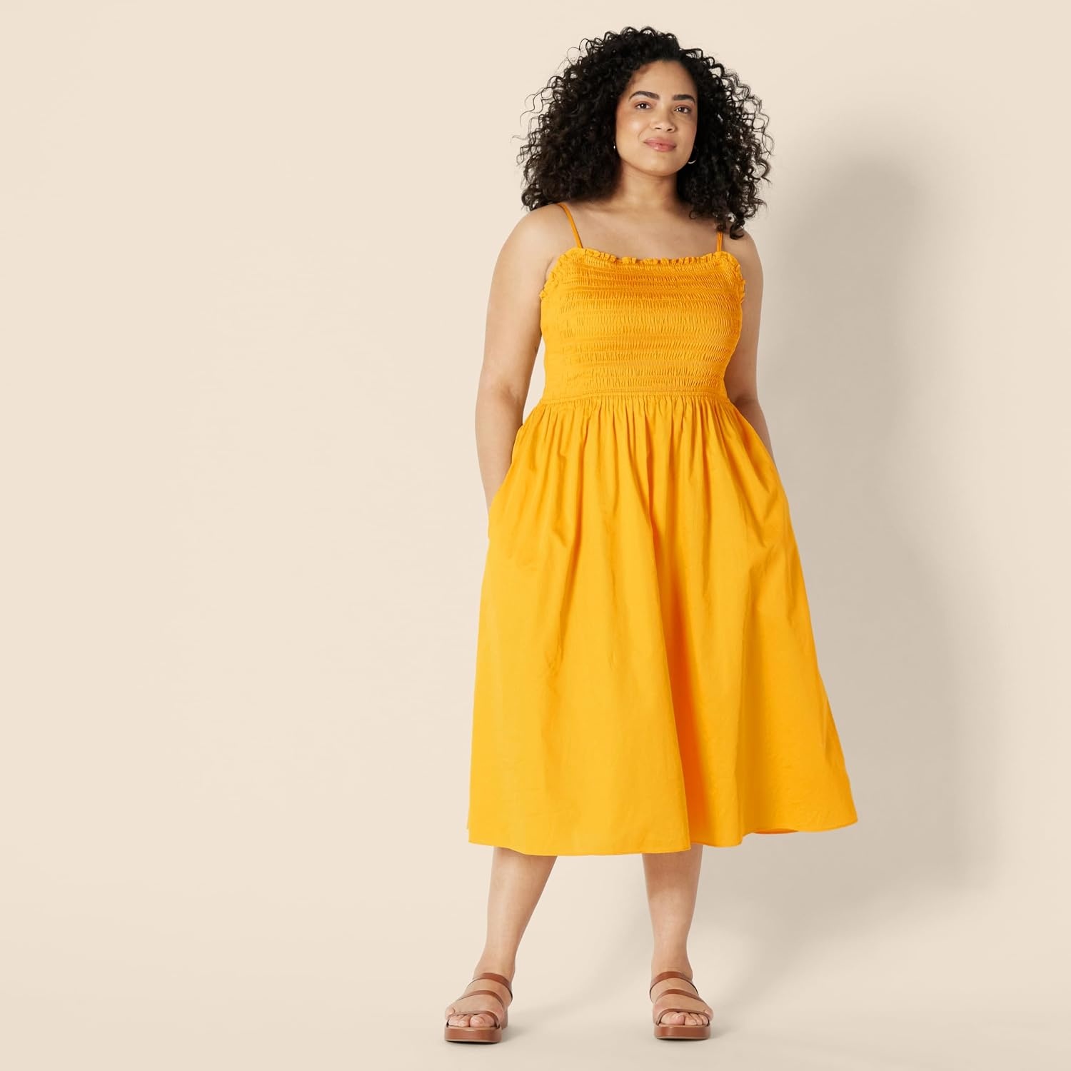 image:imageAmazon Essentials Womens RegularFit Cotton Sateen Smocked Bodice Midi Dress with Removable Straps Aline RuffleGolden Yellow