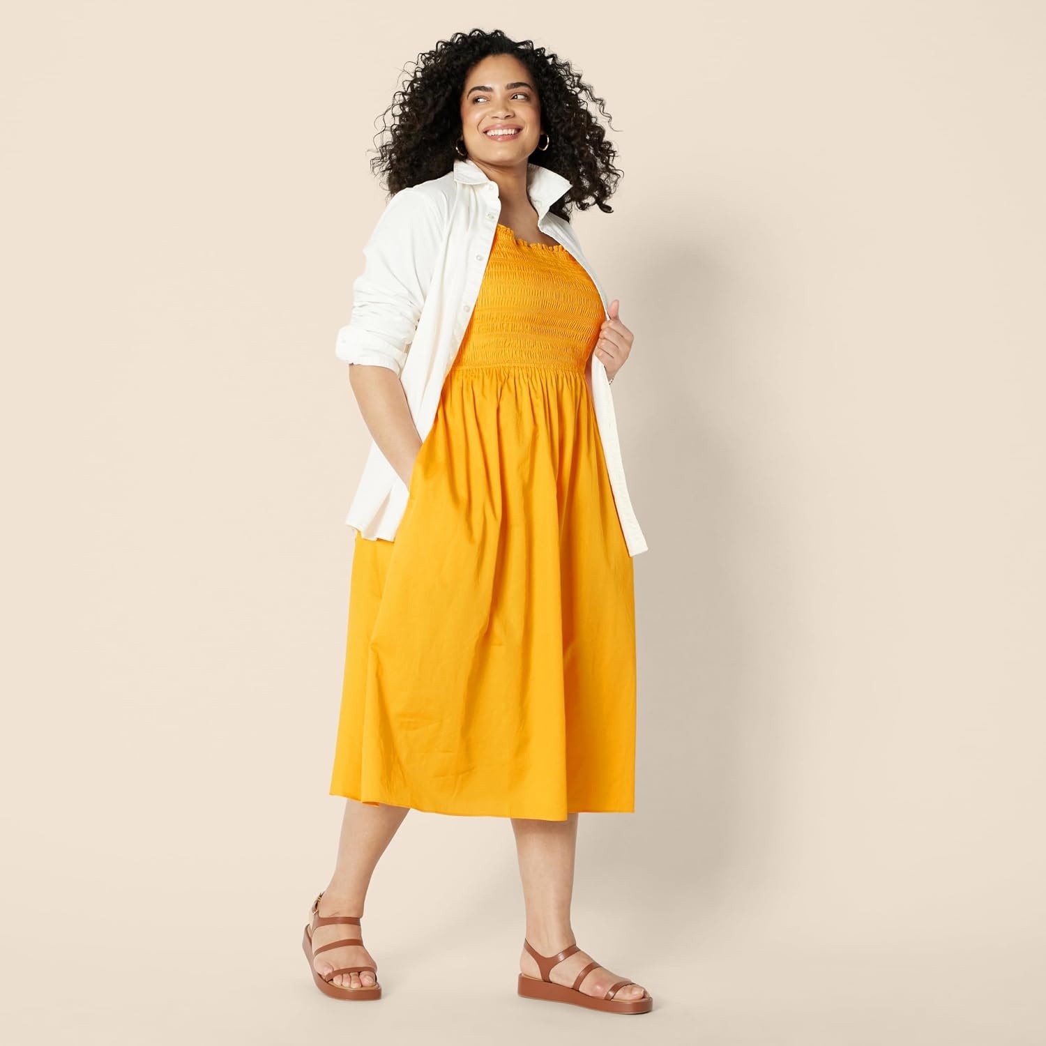 image:imageAmazon Essentials Womens RegularFit Cotton Sateen Smocked Bodice Midi Dress with Removable Straps Aline RuffleGolden Yellow